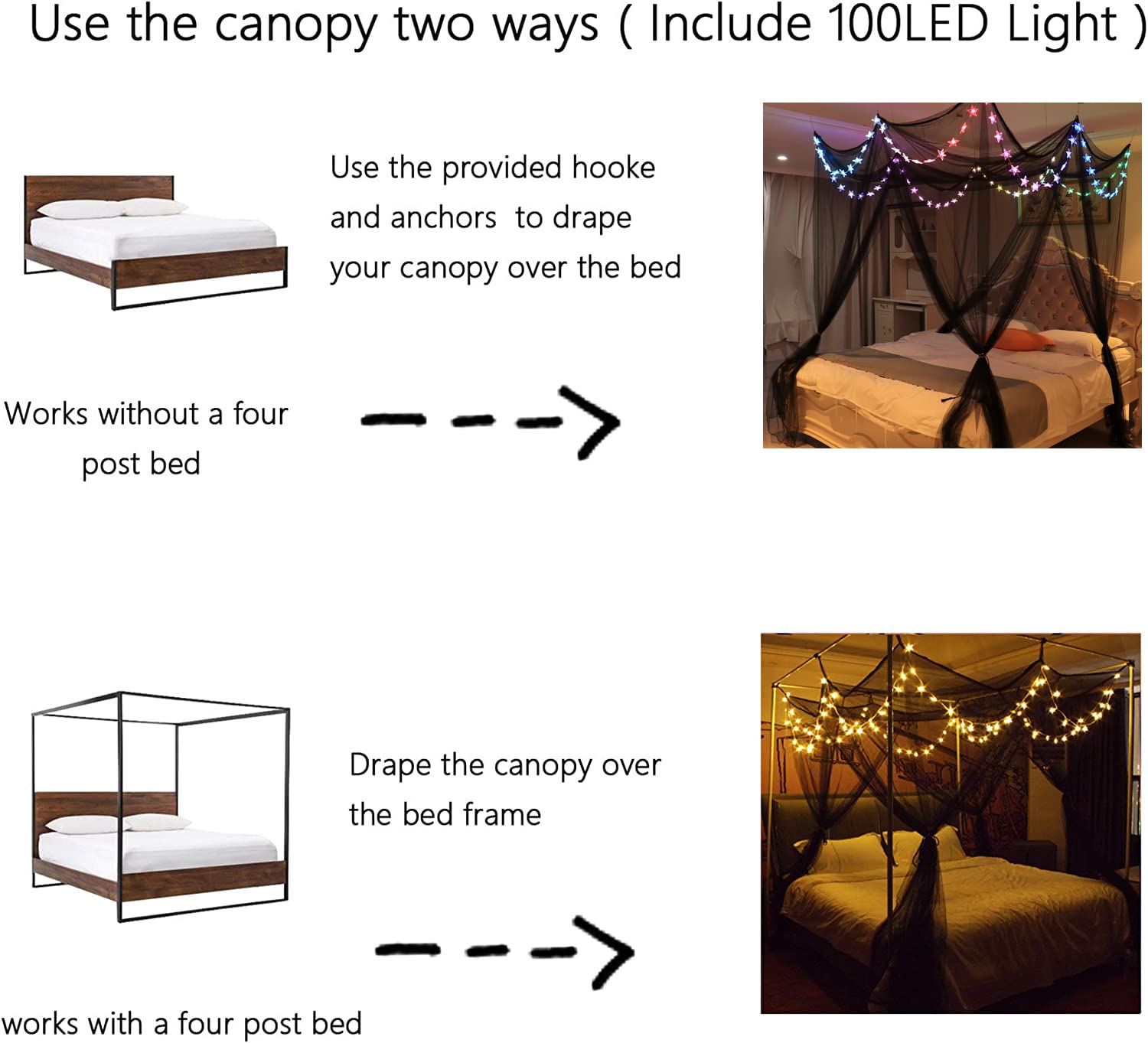 Bed Canopy with LED Star Lights, Canopy Bed Curtain with RGB Color Changing String Lights with Smart App Control Remote for Princess Girls Bedroom, Suggested for Twin Full Queen King Bed: Rgb Black