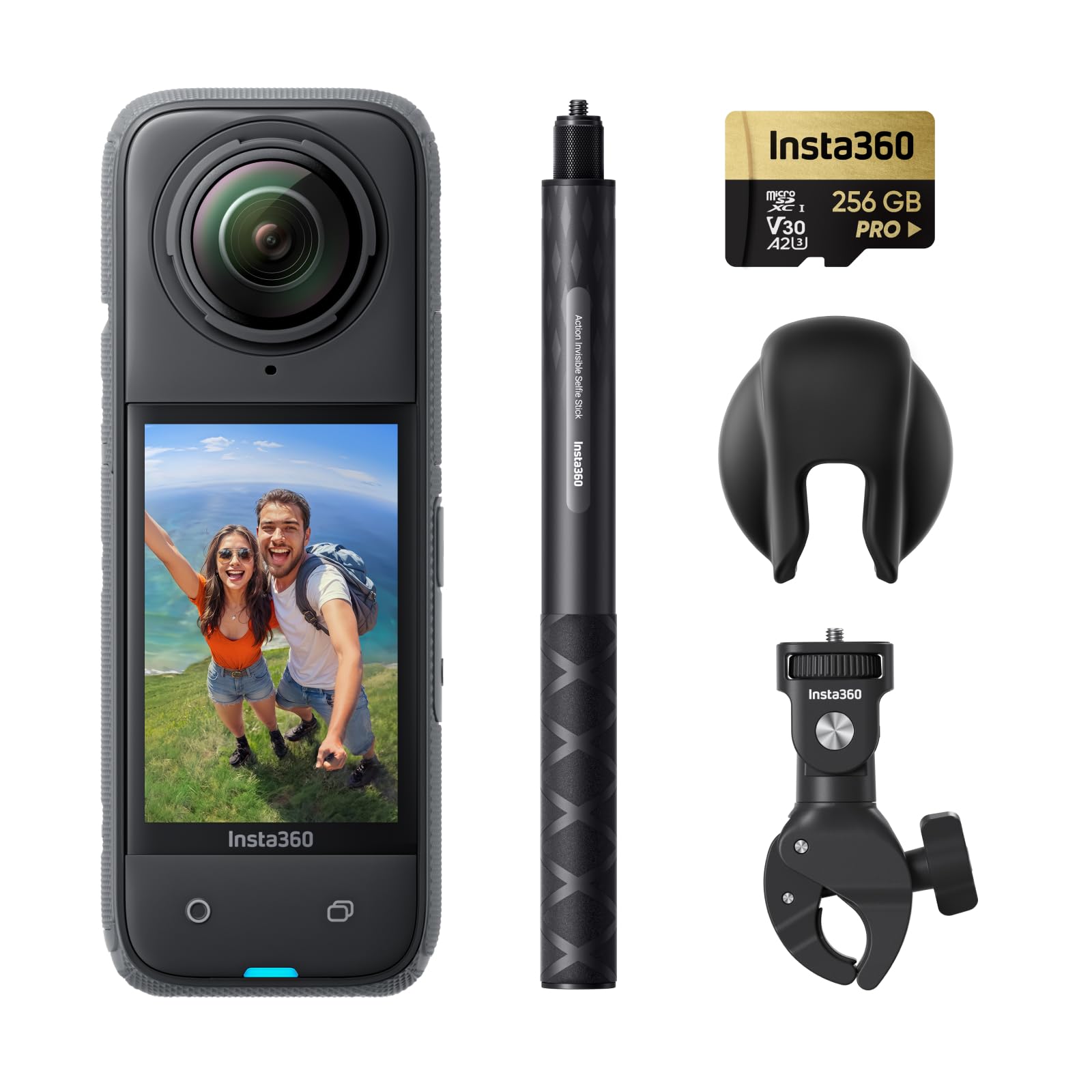 Insta360 X4 Standard Bundle - Waterproof 8K 360 Action Camera, 4K Wide-Angle Video, Invisible Selfie Stick Effect, Removable Lens Guards, 135 Min Battery Life, AI Editing, Stabilization: Motorcycle Bundle +256GB Micro SD Card