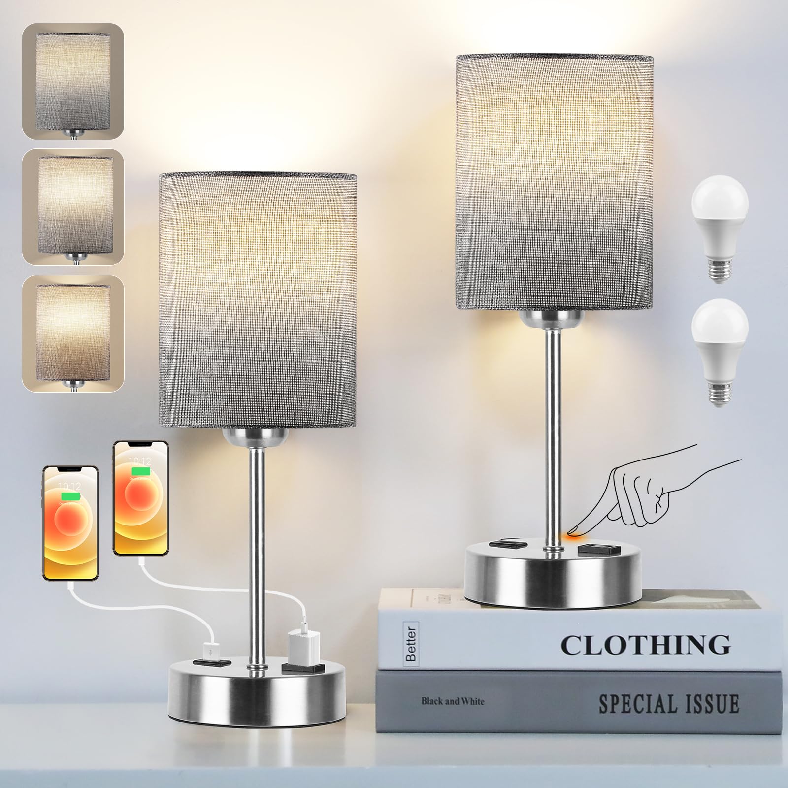 PARTPHONER Touch Table Lamps for Bedroom Set of 2, Bedside Nightstand Lamps with USB Port and Power Outlet, 3 Way Dimmable White Lamp for Living Room Nursery Room, Daylight White Bulbs Included