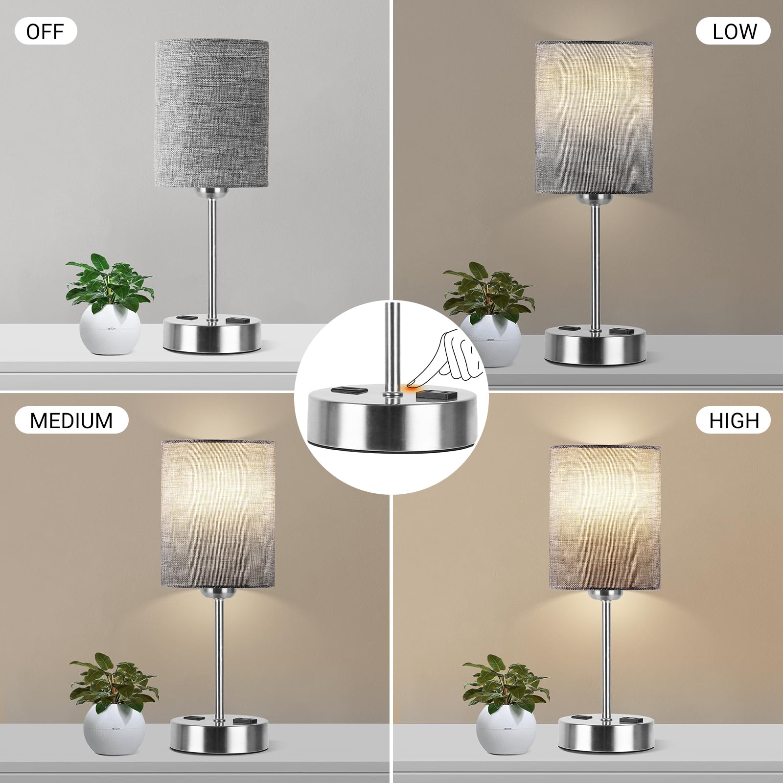 PARTPHONER Touch Table Lamps for Bedroom Set of 2, Bedside Nightstand Lamps with USB Port and Power Outlet, 3 Way Dimmable White Lamp for Living Room Nursery Room, Daylight White Bulbs Included