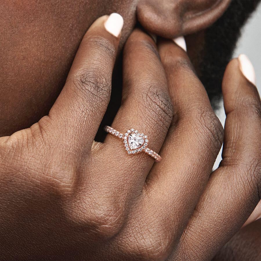 Pandora Sparkling Elevated Heart Ring - Rose Gold Ring for Women - Layering or Stackable Ring - Gift for Her 14k Rose with Cubic Zirconia - With Gift Box: Clear 7