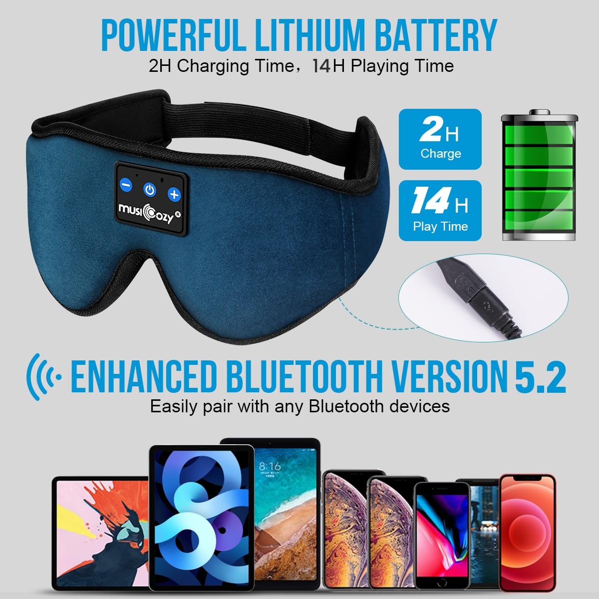 MUSICOZY Sleep Headphones, Bluetooth 5.2 Sleep Mask Headband Headphones Sleeping Eye Mask, Wireless Music Earbuds Earphones with HD Headphones Ultra-Thin Stereo Speakers for Side Sleepers Men Women