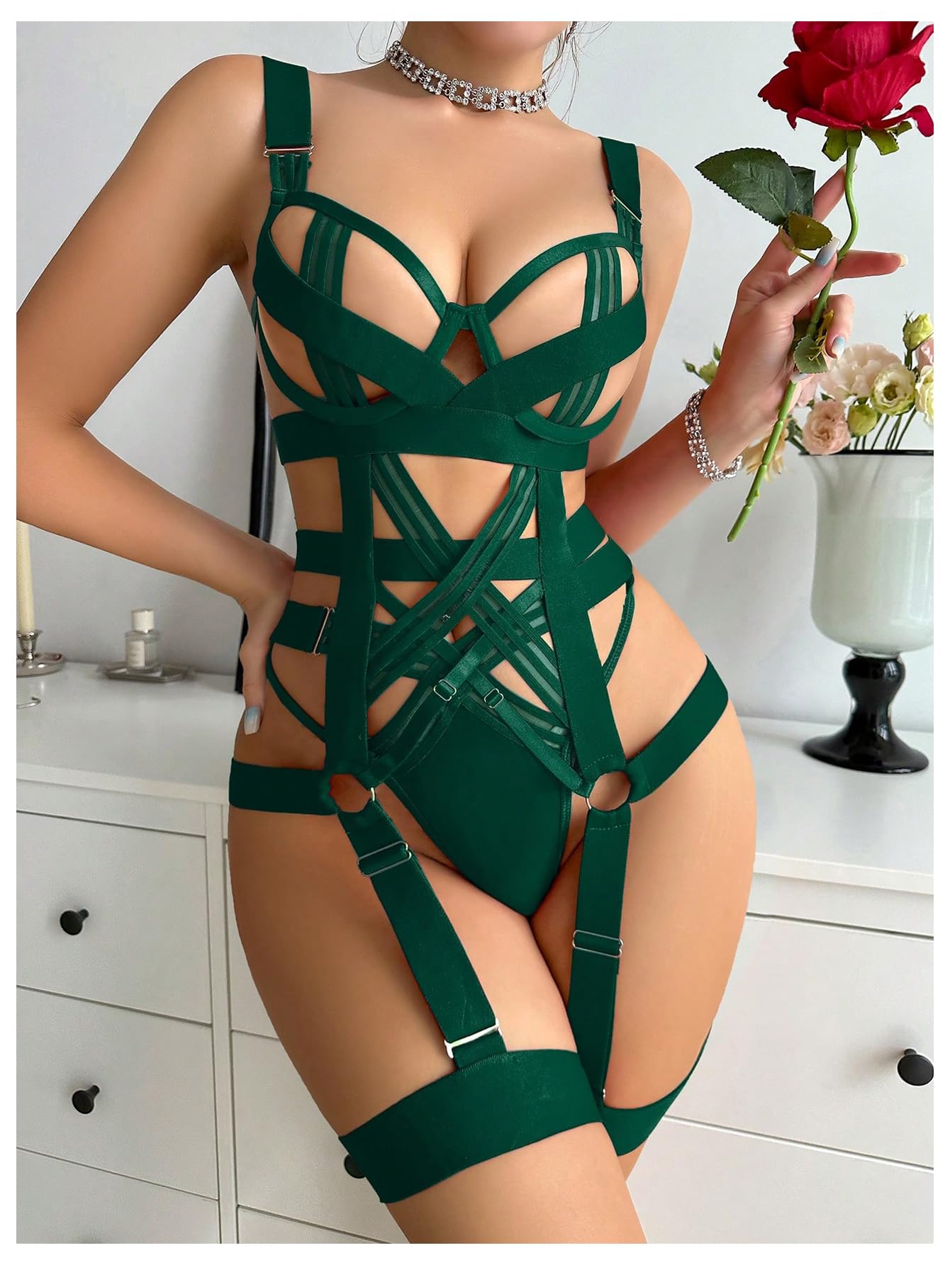SOLY HUX Lingerie Set for Women 4 Piece Cutout Underwire Lingerie Set Bra and Panty with Leg Ring: Large Plain Dark Green