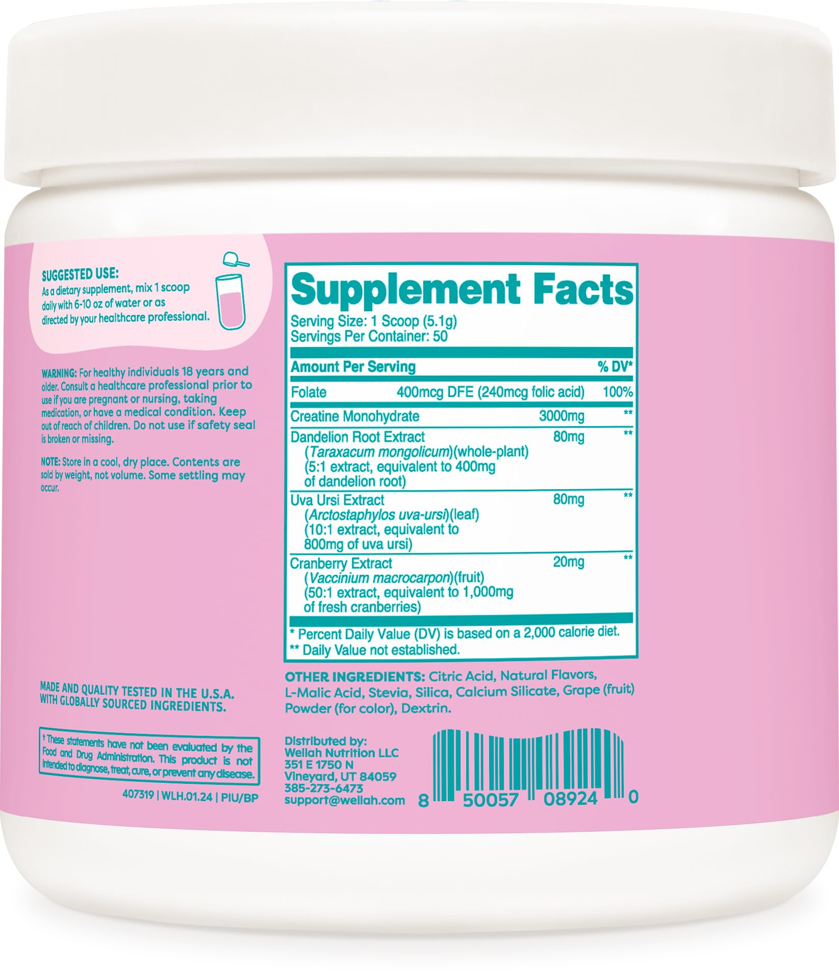 Wellah Creatine for Women (50 Servings, Clementine Peach) - Creatine Monohydrate with Dandelion & Cranberry Extract