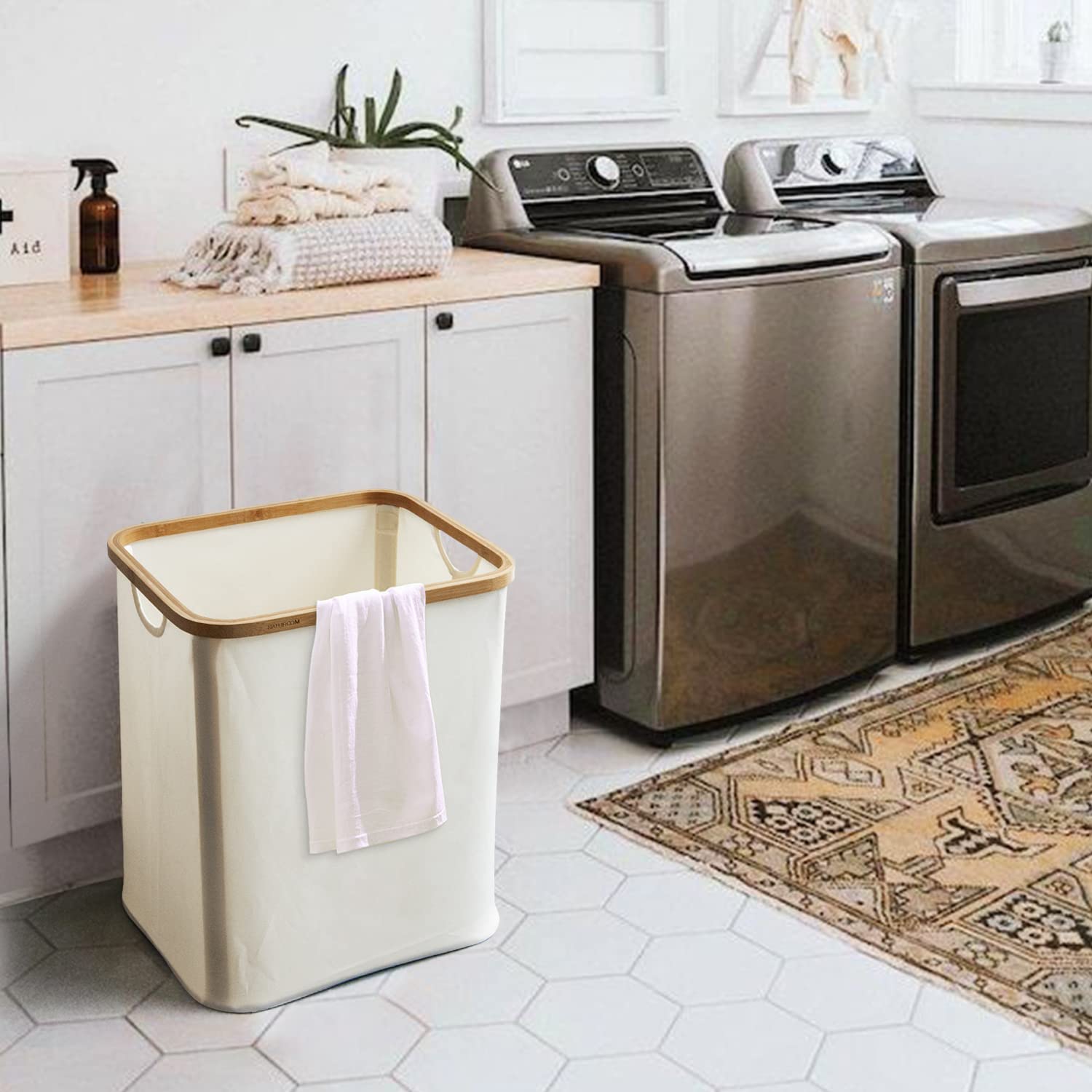Naturoom Bamboo Storage Basket | Laundry Hamper, Folding Bamboo Frame Fabric Shelf Basket With Handles, Large Cube Organizer For Bathroom, Bedroom Dirty Clothes/ Towels/ Blankets/ Toys Storage Bin