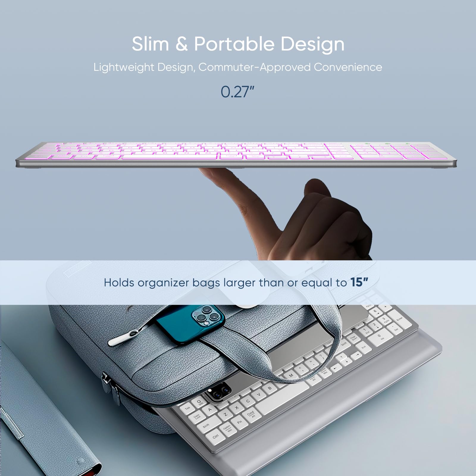 SABLUTE Wireless Keyboard with 7 Colored Backlits, Rechargeable Silent Compact Cordless Computer Keyboard with Low Profile Quiet Light Up Keys for Windows, PC, Linux, Chrome, Mac (White)