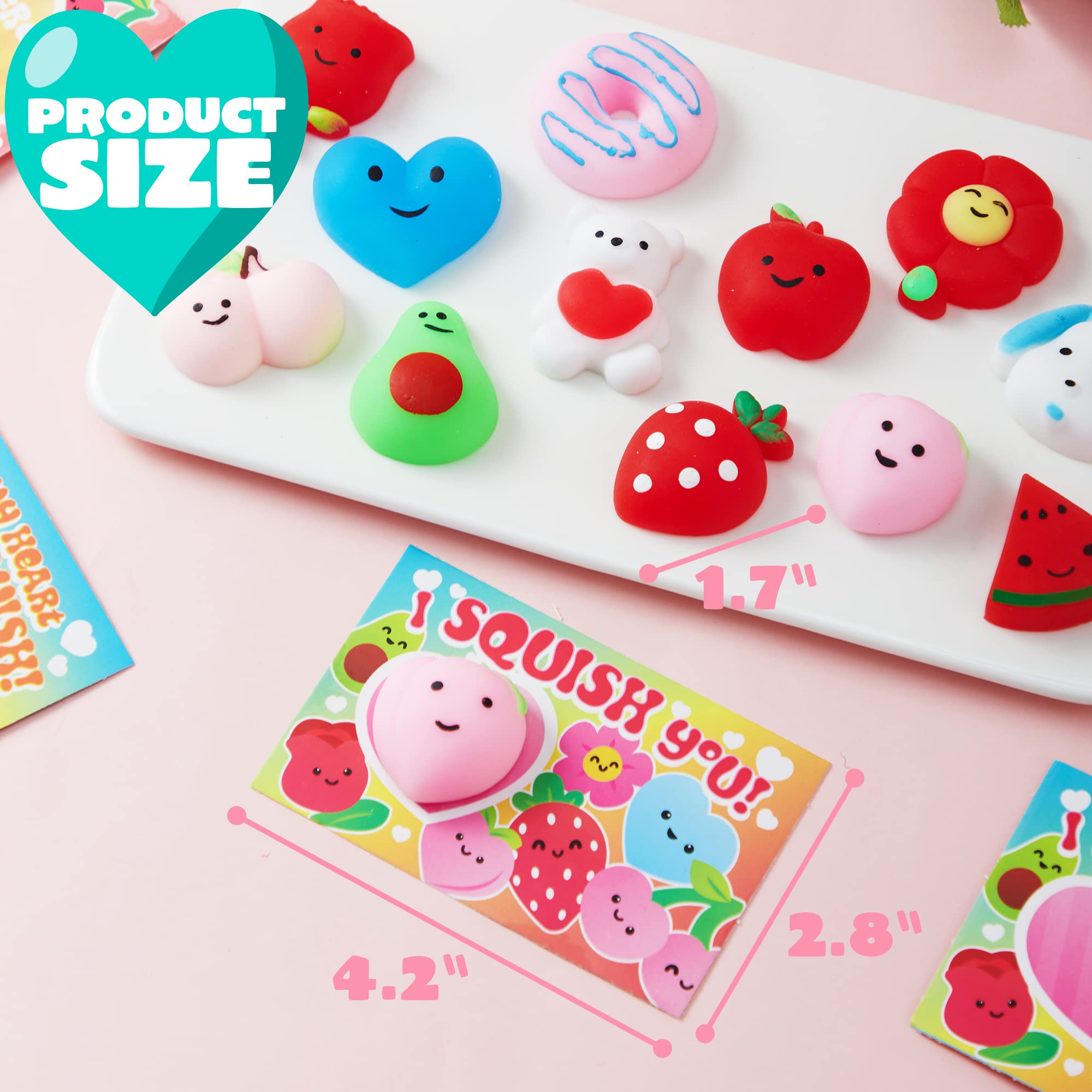 JOYIN 28 Packs Gift Cards with Mochi Squishy Toys, Kawaii Squeeze Stress Relief Fidget Toy for Kids Party Favor Classroom Exchange Prizes