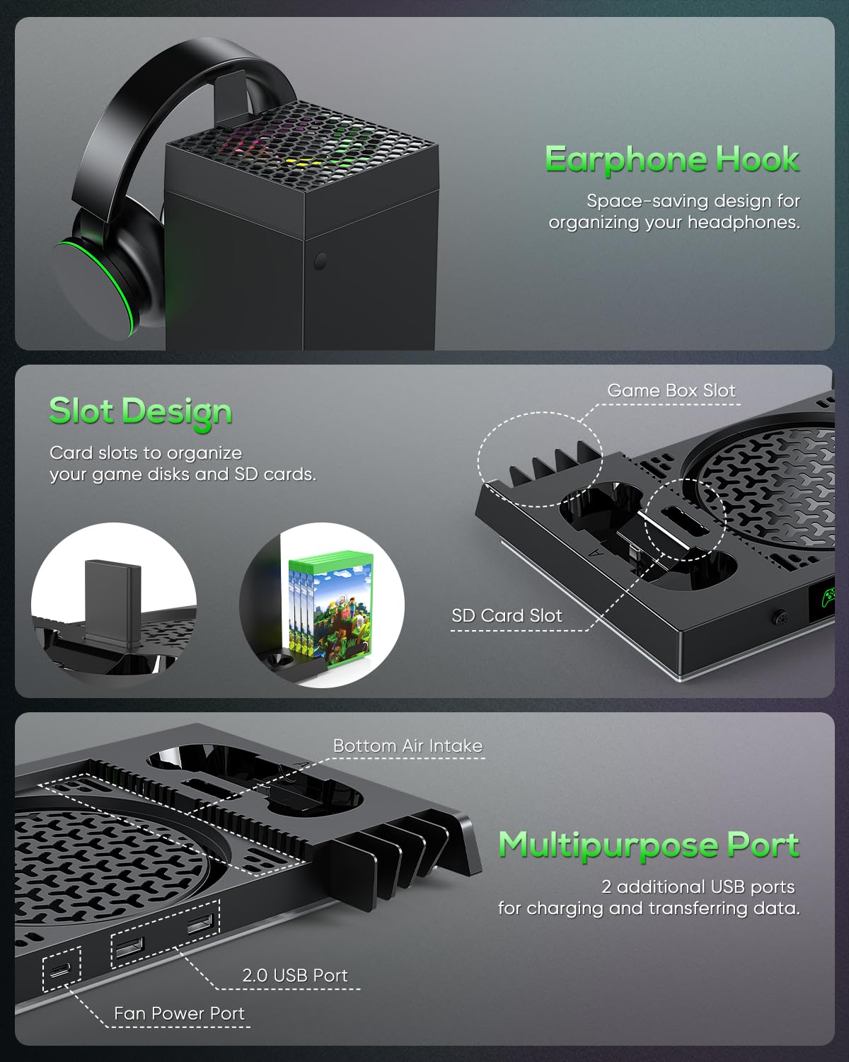 Auto Cooling Fan and Charge Stand Accessories for Xbox Series X Console with 15 Light Modes, Wireless Dual Charger Dock for XSX Controller, 2* Rechargeable Batteries, Headset Stand & Game Disc Storage (Black)