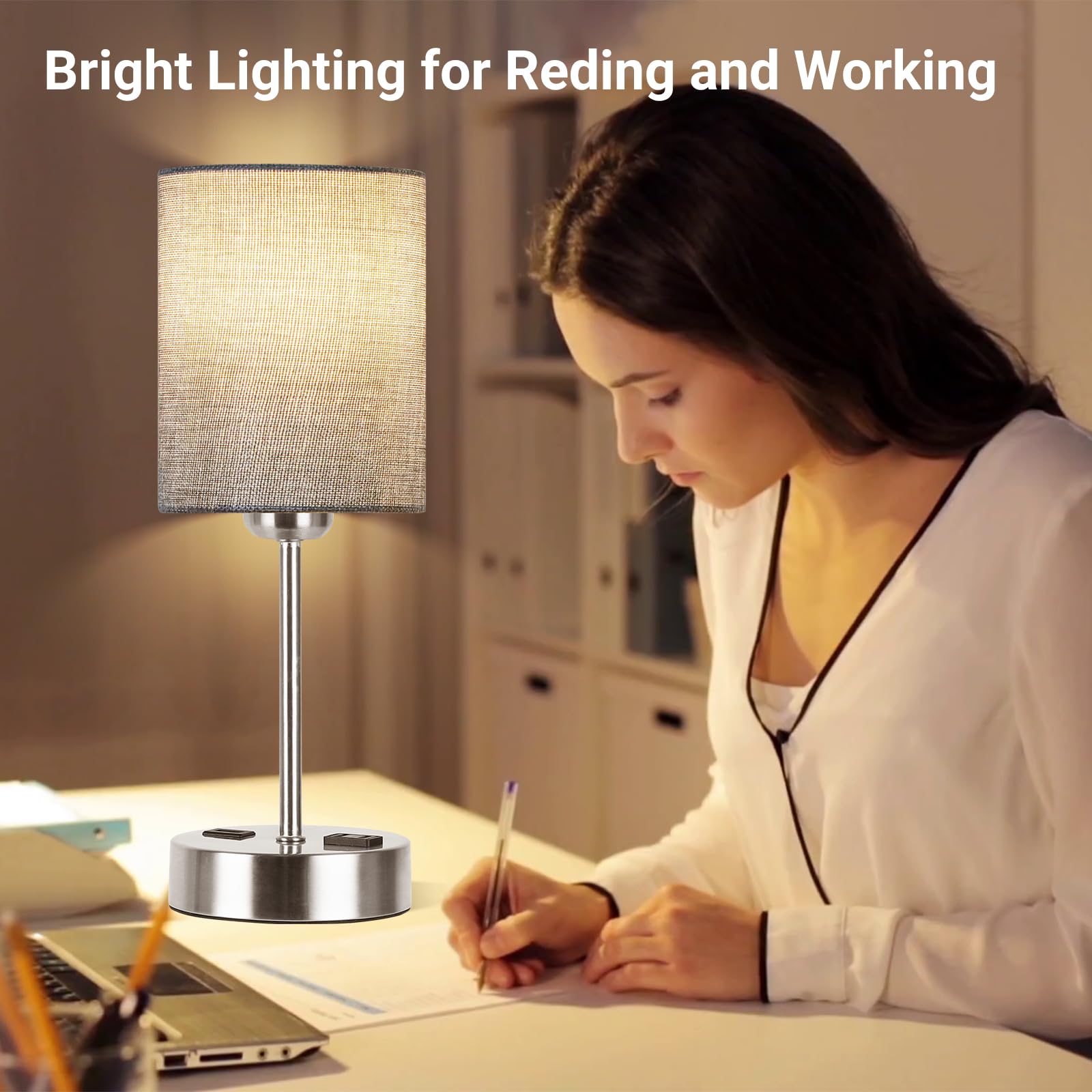 PARTPHONER Touch Table Lamps for Bedroom Set of 2, Bedside Nightstand Lamps with USB Port and Power Outlet, 3 Way Dimmable White Lamp for Living Room Nursery Room, Daylight White Bulbs Included