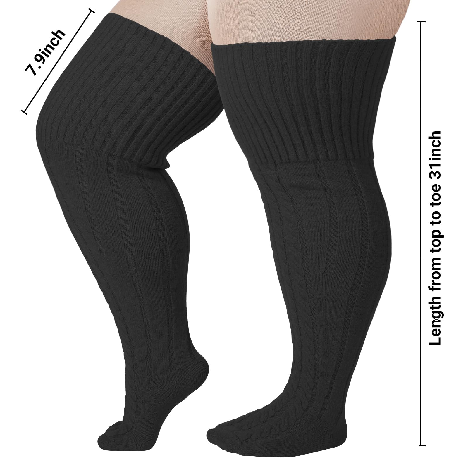 Wool Plus Size Thigh High Socks For Thick Thighs- Extra Long Womens Warm Cable Knit Over Knee Stockings Leg Warmers: One Size Plus Black