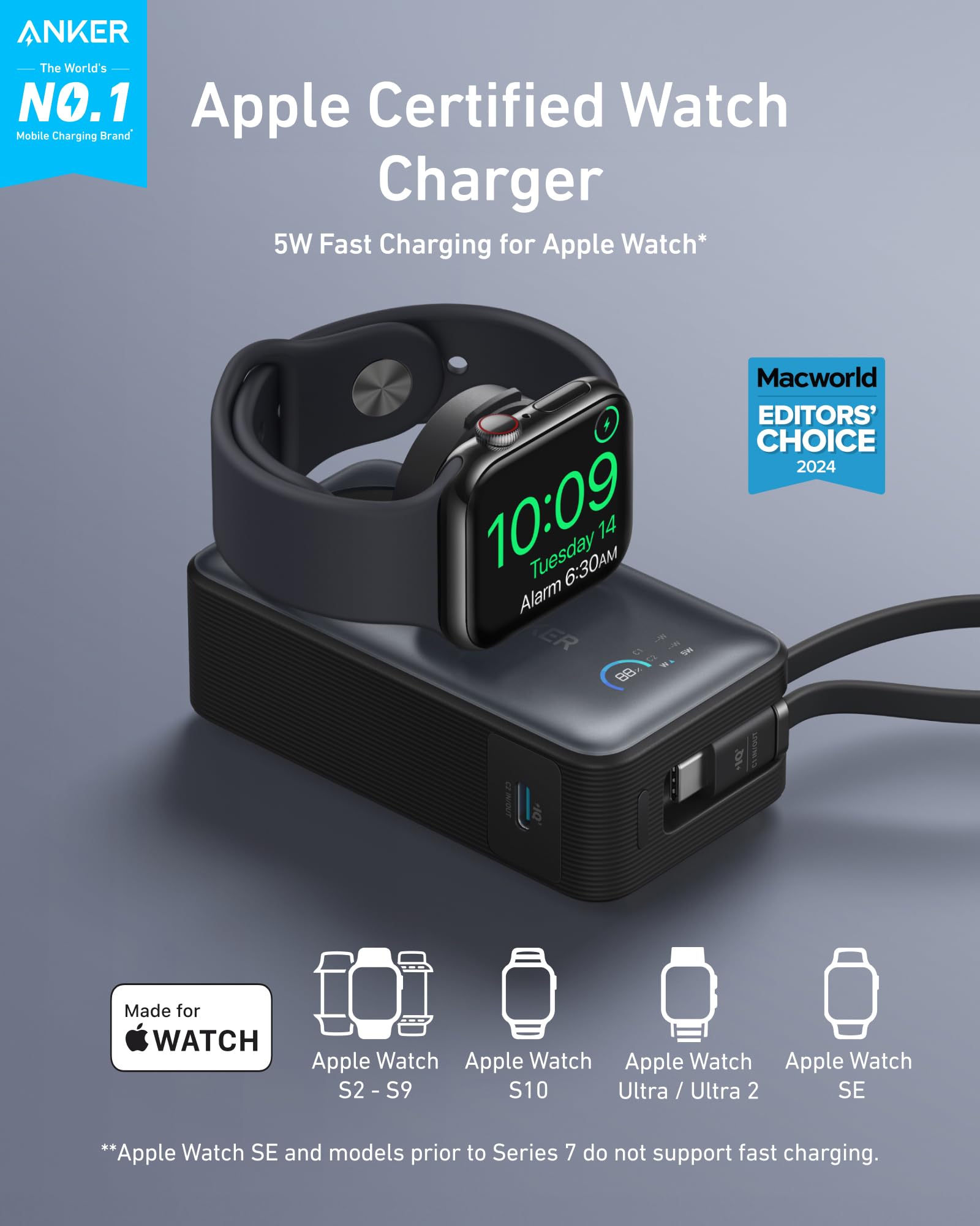 Anker MagGo Power Bank for Apple Watch, Officially Certified 10,000mAh Compact Battery Pack with Built-in USB-C Cable, 35W Max, for iPhone 15 Series, Samsung, iPad, AirPods, and More(Pink)
