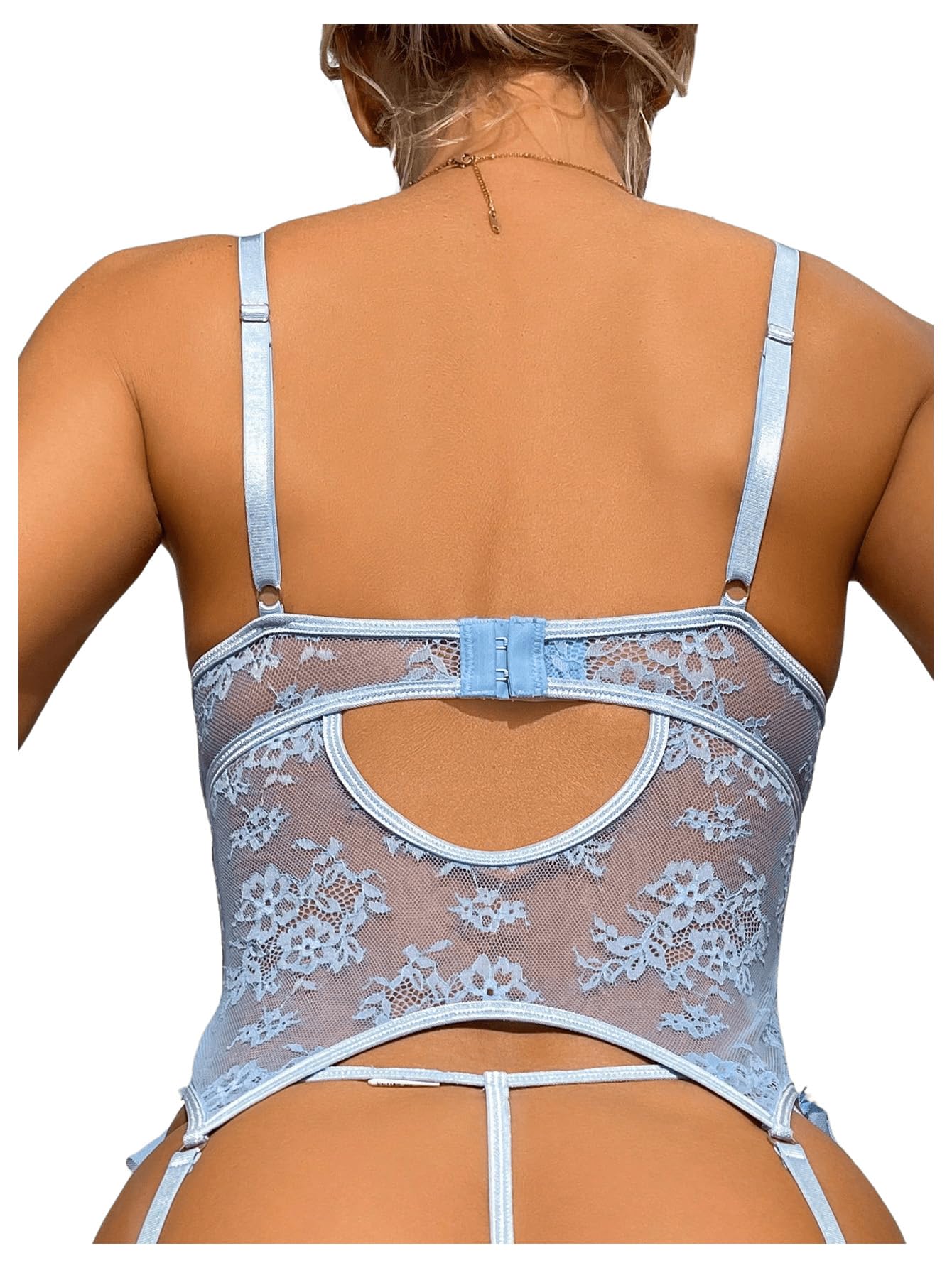 WDIRARA Women's Sexy Lingerie Set Floral Lace Garter Bustier Lingerie Set with 1Pair Fishnet Stocking: Large Blue Floral