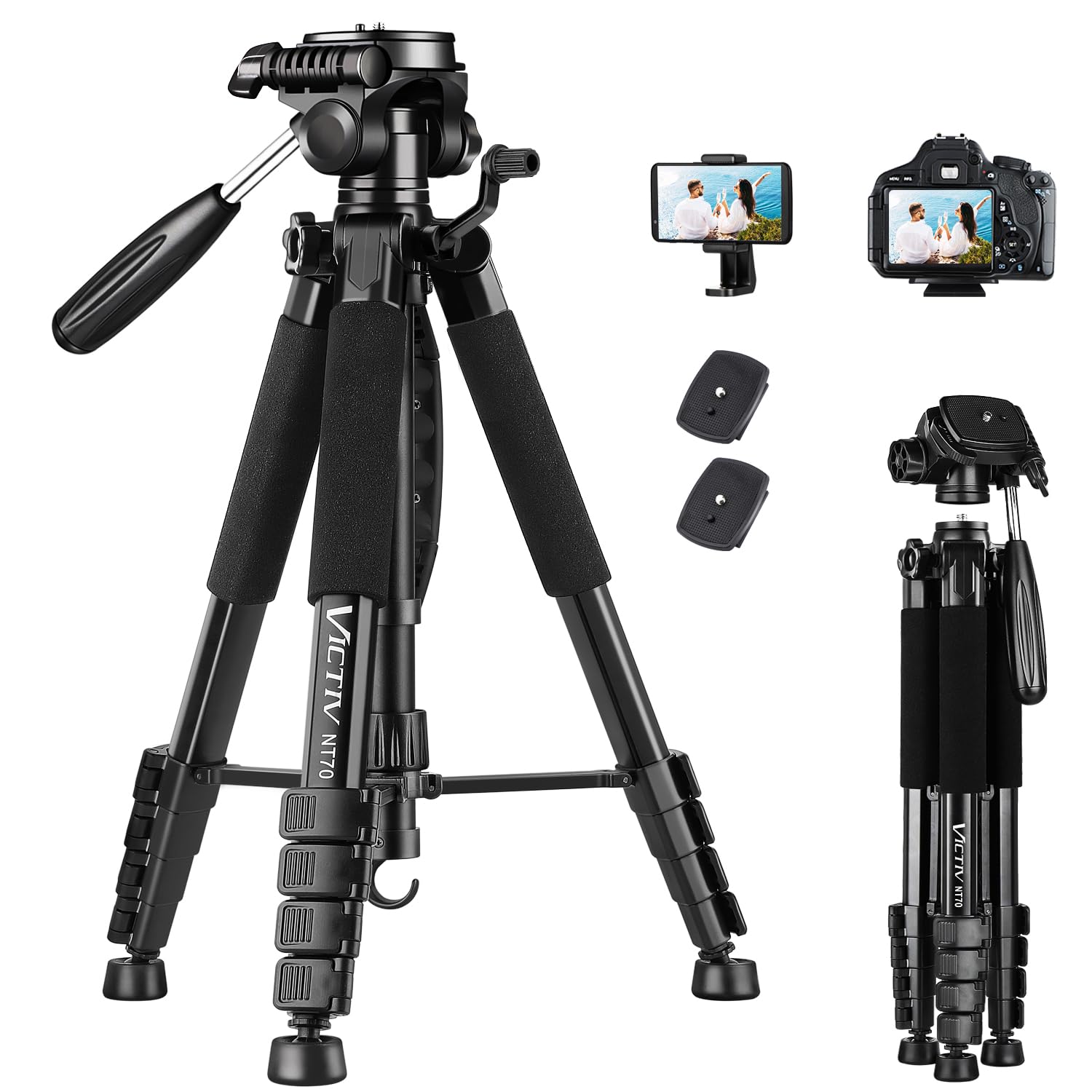 VICTIV 74” Camera Tripod, Tripod for Camera and Phone, Aluminum Professional Tripod Stand for Canon Nikon with Carry Bag and Phone Holder, Compatible with DSLR, iPhone, Spotting Scopes, Max Load 15 Lb