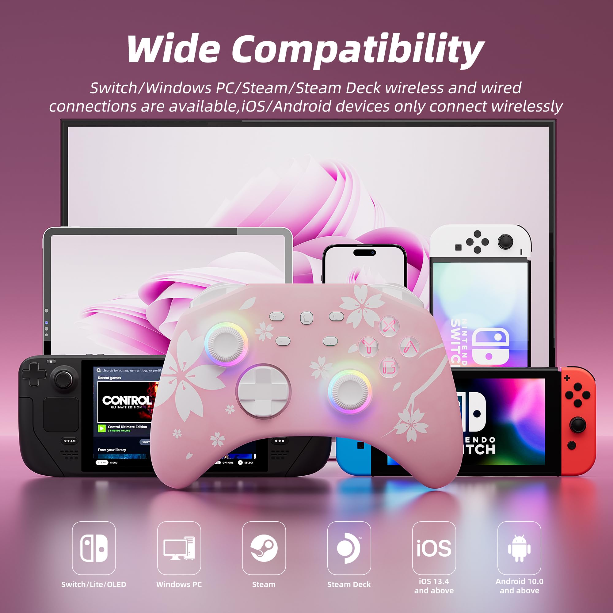 Mytrix Wireless Controllers for Switch/Switch 2, Windows PC iOS Android Steam/Steam Deck, Bluetooth Controller with Programmable, Hall Effect Joysticks, Adjustable LED Light/Turbo/Vibration: Sakura Pink