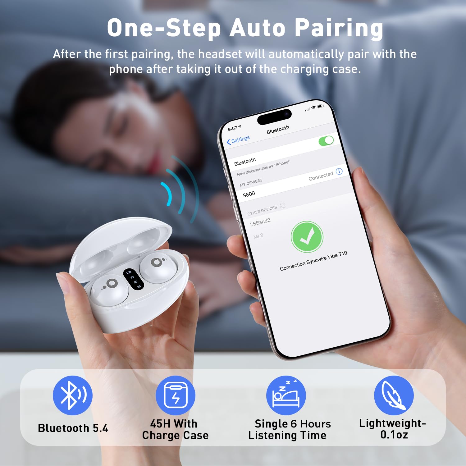 Sleep Headphones, Wireless Sleep Earbuds for Side Sleepers, Mini Earbuds for Sleeping, Ultra-Thin Bluetooth 5.4 Headphones, Comfortable Invisible – White