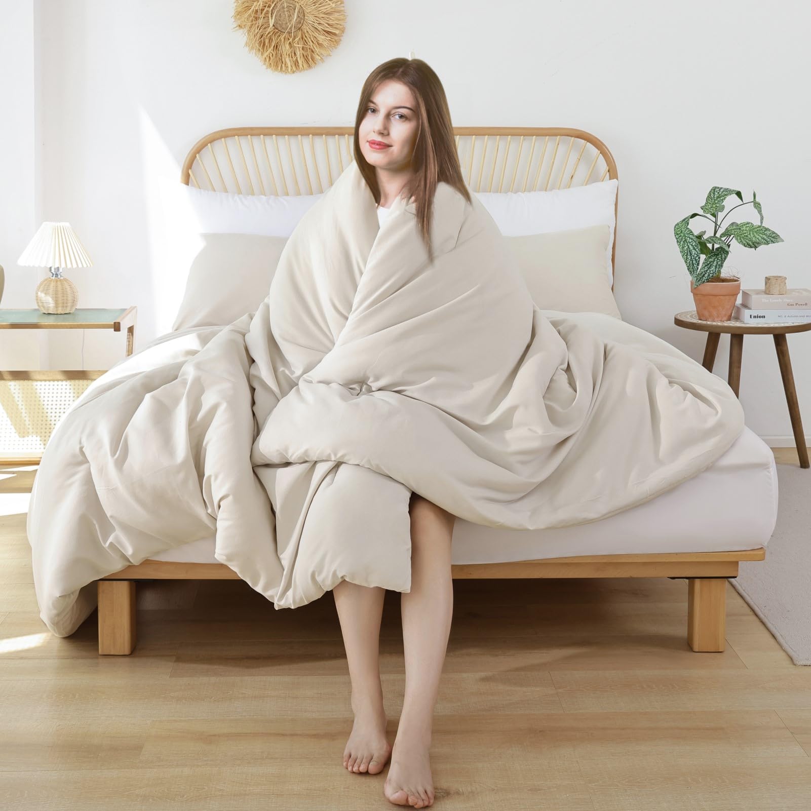 ROSGONIA Queen Comforter Set Oatmeal, 3pcs(1 Boho Oatmeal Comforter & 2 Pillowcases) All Season Soft Bedding Lightweight Bedspread Blanket Quilt: California King Comforter 104"x96" Beige