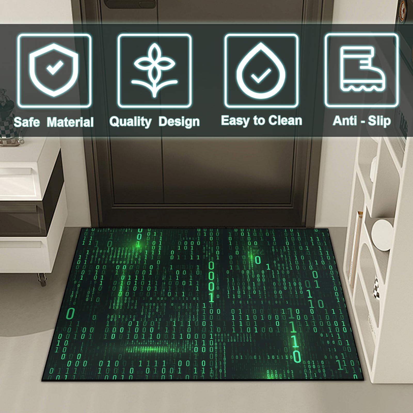 Washable Game Area Rug, Binary Code Design Gaming Programmer Teen Carpet Rug Doormat, Non-Slip Low-Pile Floor Carpet for Computer Bedroom Indoor Front Entrance Living Room Office (60" x 40")