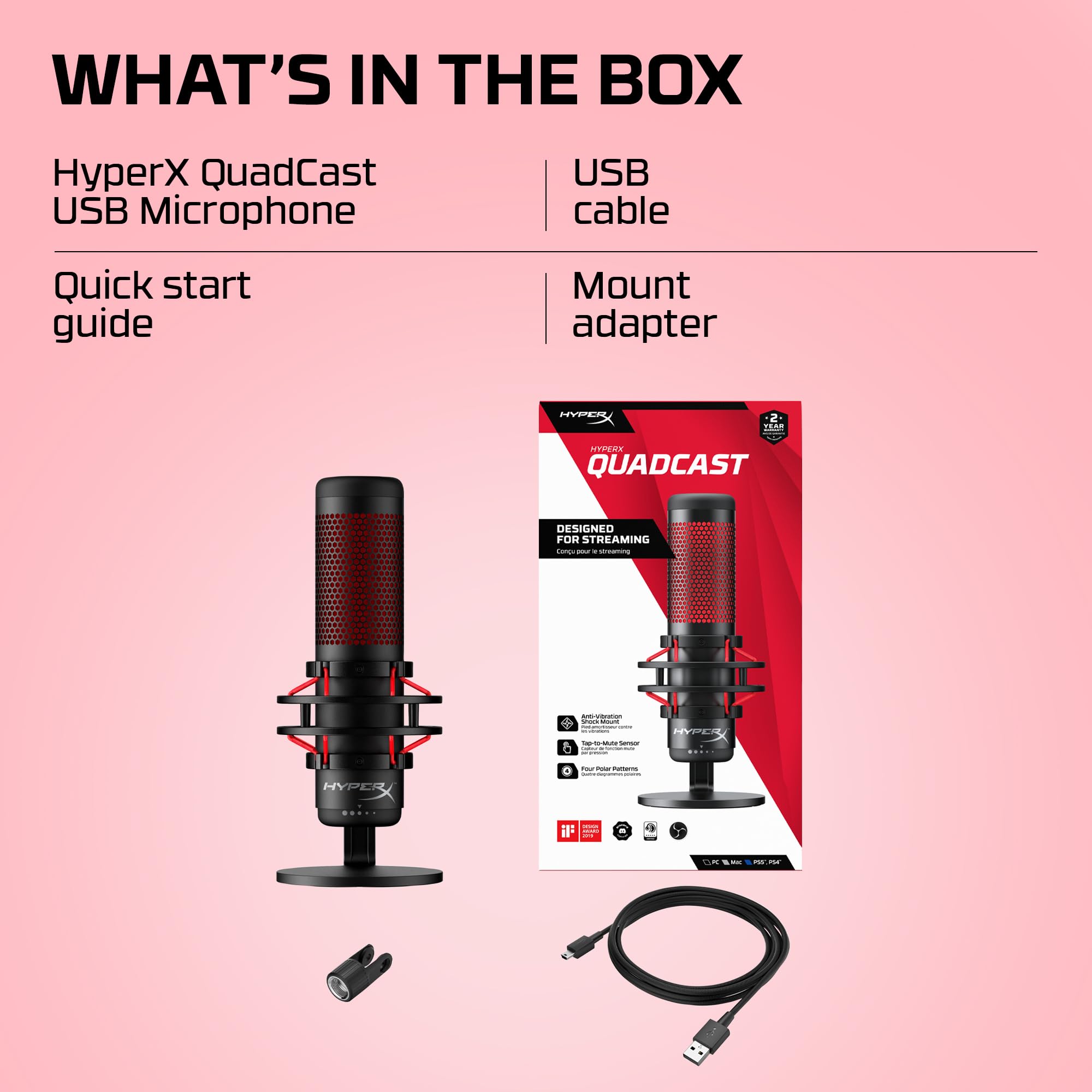 HyperX QuadCast - USB Condenser Gaming Microphone, for PC, PS4, PS5 and Mac, Anti-Vibration Shock Mount, Four Polar Patterns, Pop Filter, Gain Control, Podcasts, Twitch, YouTube, Discord, Red LED: QuadCast QuadCast