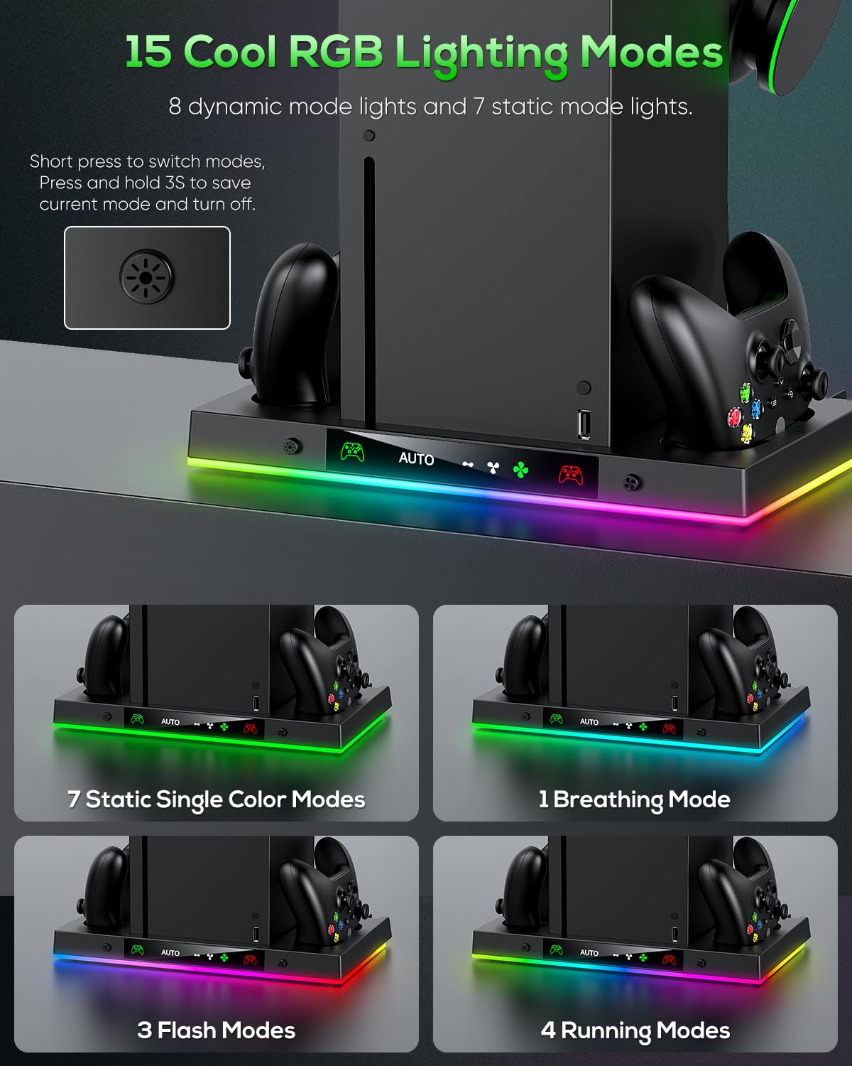 Auto Cooling Fan and Charge Stand Accessories for Xbox Series X Console with 15 Light Modes, Wireless Dual Charger Dock for XSX Controller, 2* Rechargeable Batteries, Headset Stand & Game Disc Storage (Black)