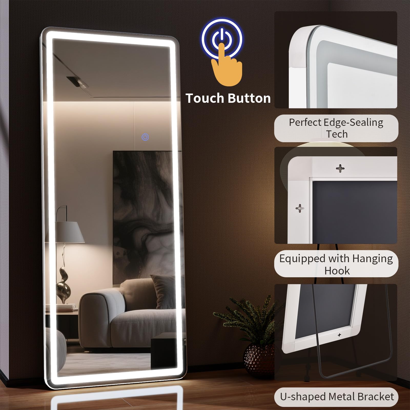 Riskioir 56"x21" LED Full Length Mirror – Standing Floor Mirror with Dimmable Lights 3 Color Modes – Adjustable Brightness, Wall-Mount or Lean for Barber, Fitness Center, Dressing Room, Vanity: 56"L x 21"W