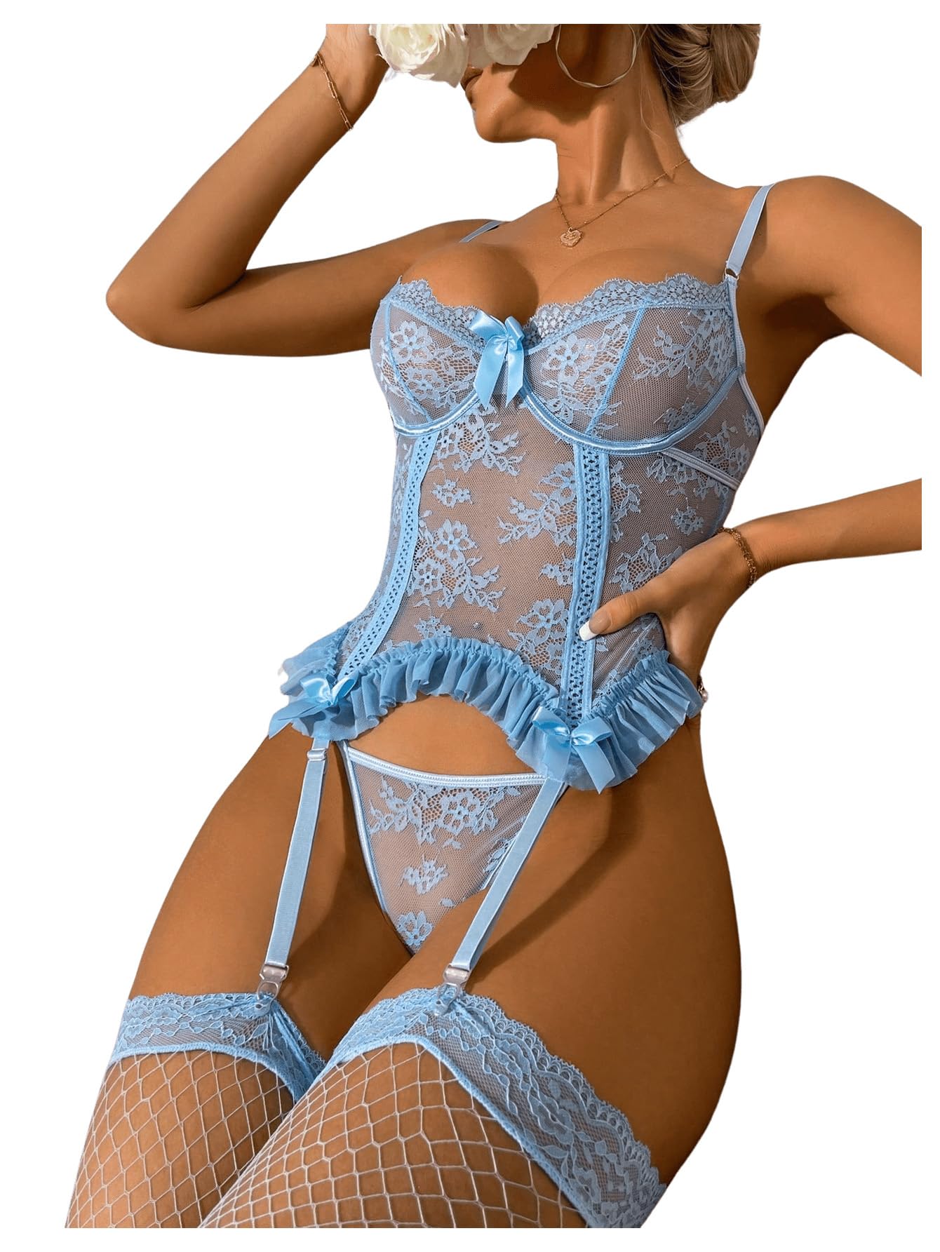 WDIRARA Women's Sexy Lingerie Set Floral Lace Garter Bustier Lingerie Set with 1Pair Fishnet Stocking: Large Blue Floral