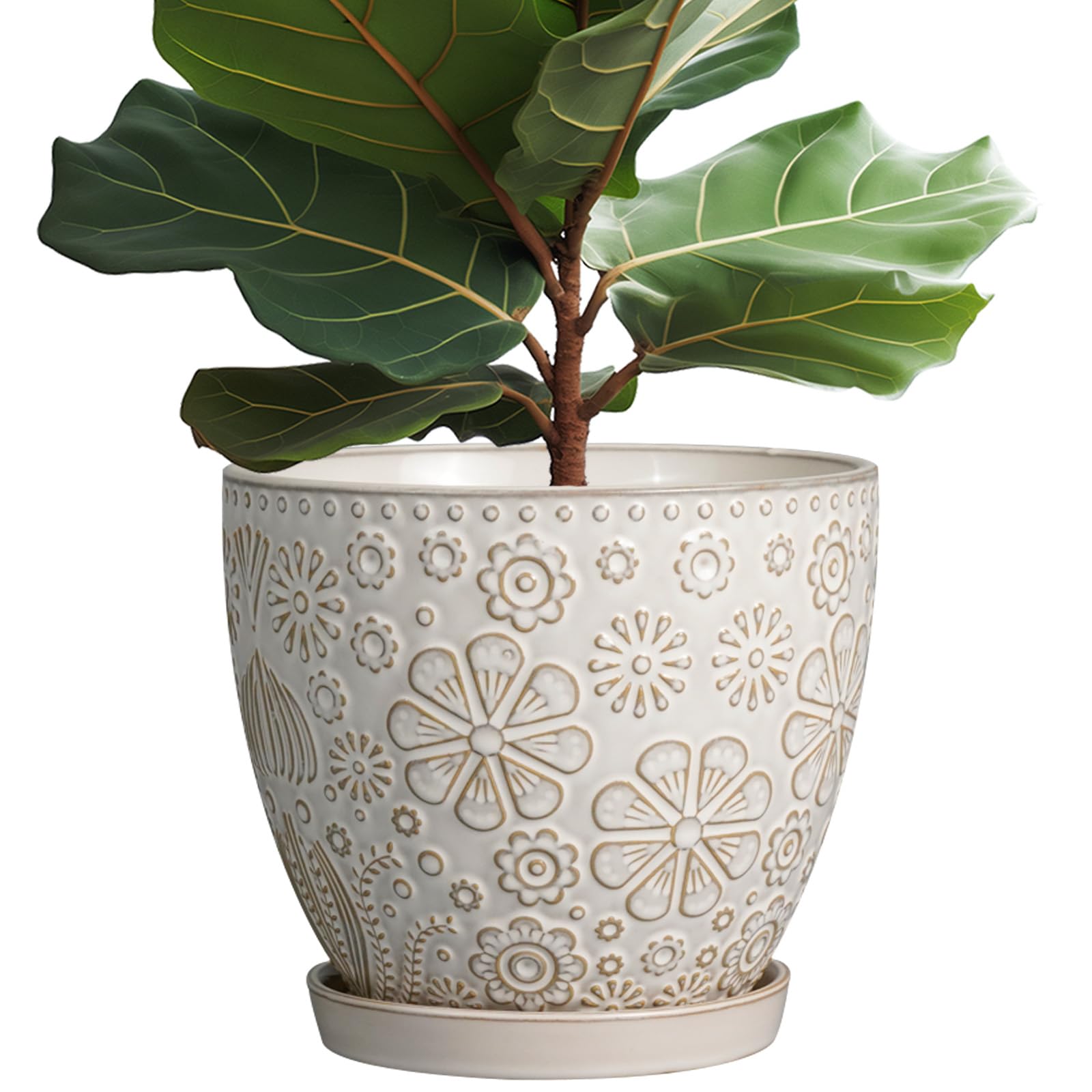 MPotTo 10 Inch Ceramic Planter Pot Large Plant Pot for Indoor Plants Outdoor Round Flower Pot with Drainage Hole and Saucer for Home Garden Decor White