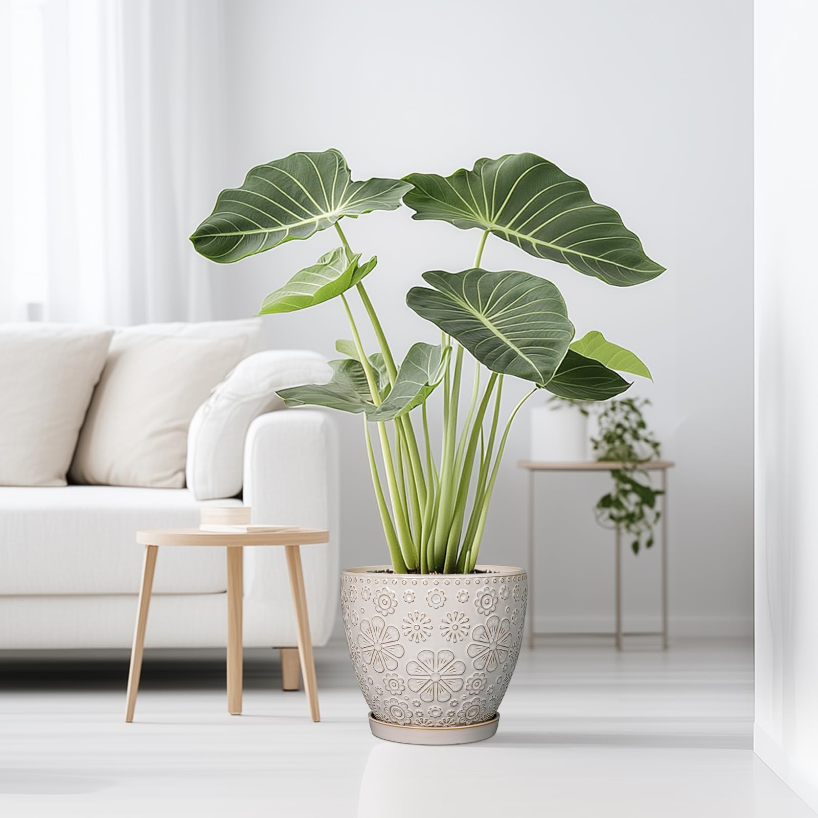 MPotTo 10 Inch Ceramic Planter Pot Large Plant Pot for Indoor Plants Outdoor Round Flower Pot with Drainage Hole and Saucer for Home Garden Decor White