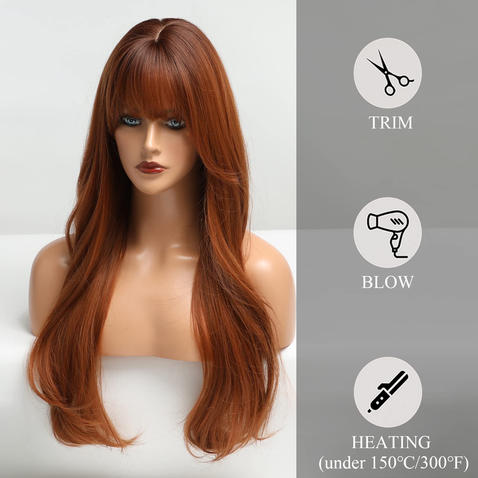 HAIRCUBE Long Wig with Bangs Layered Curly Orange Wigs for Women Natural Synthetic Wigs for Daily Use (pelucas de cabello natural): Auburn