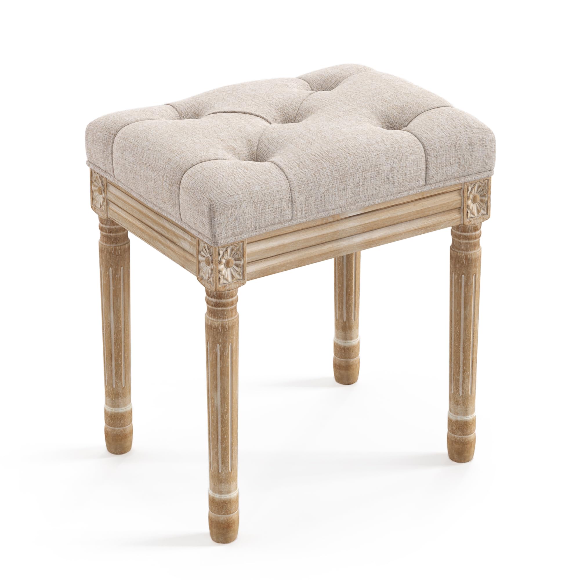 LUE BONA Upholstered Fabric Vanity Bench Seat, Makeup Stools for Vanity, Square Tufted Ottoman Bench with Carved Wood Color Legs for Bedroom Living Room, Beige