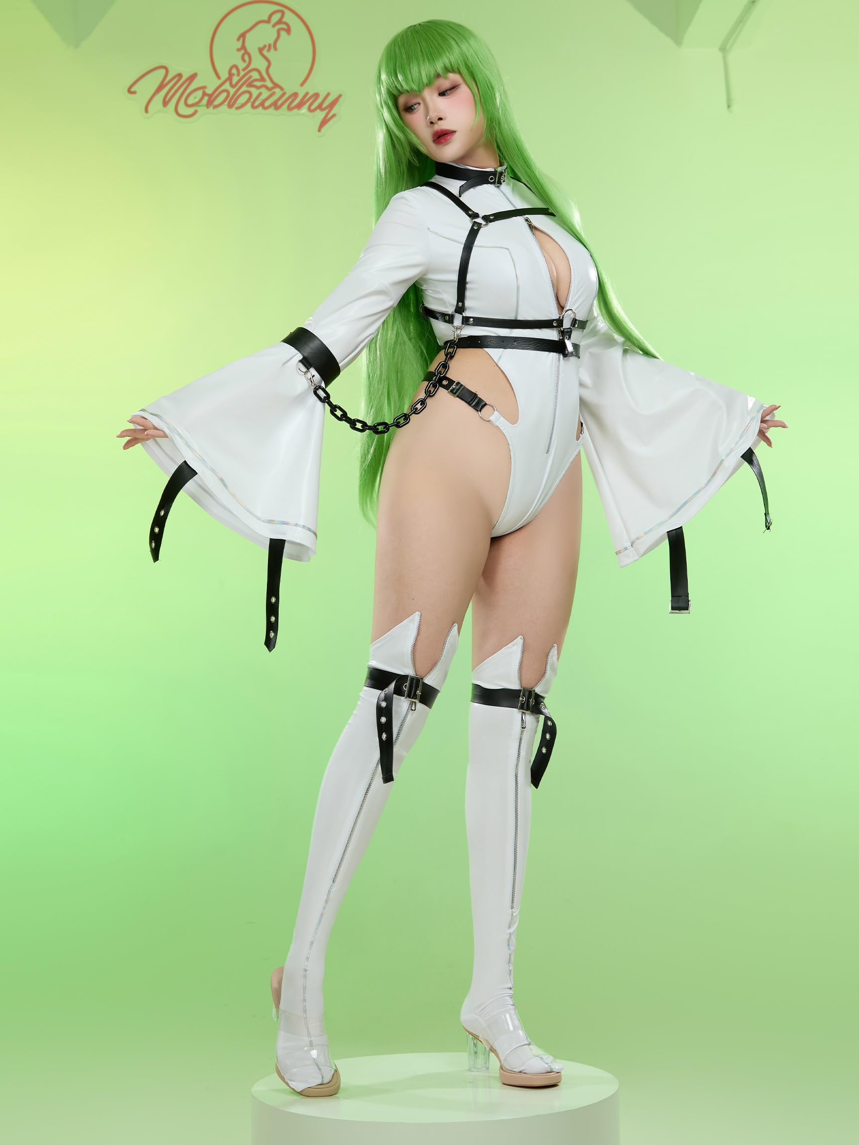 Mobbunny Women Anime Cosplay Costume Sexy Bodysuit Halloween Cutout Strap Jumpsuit With Stocking and Arm Ring: Small White