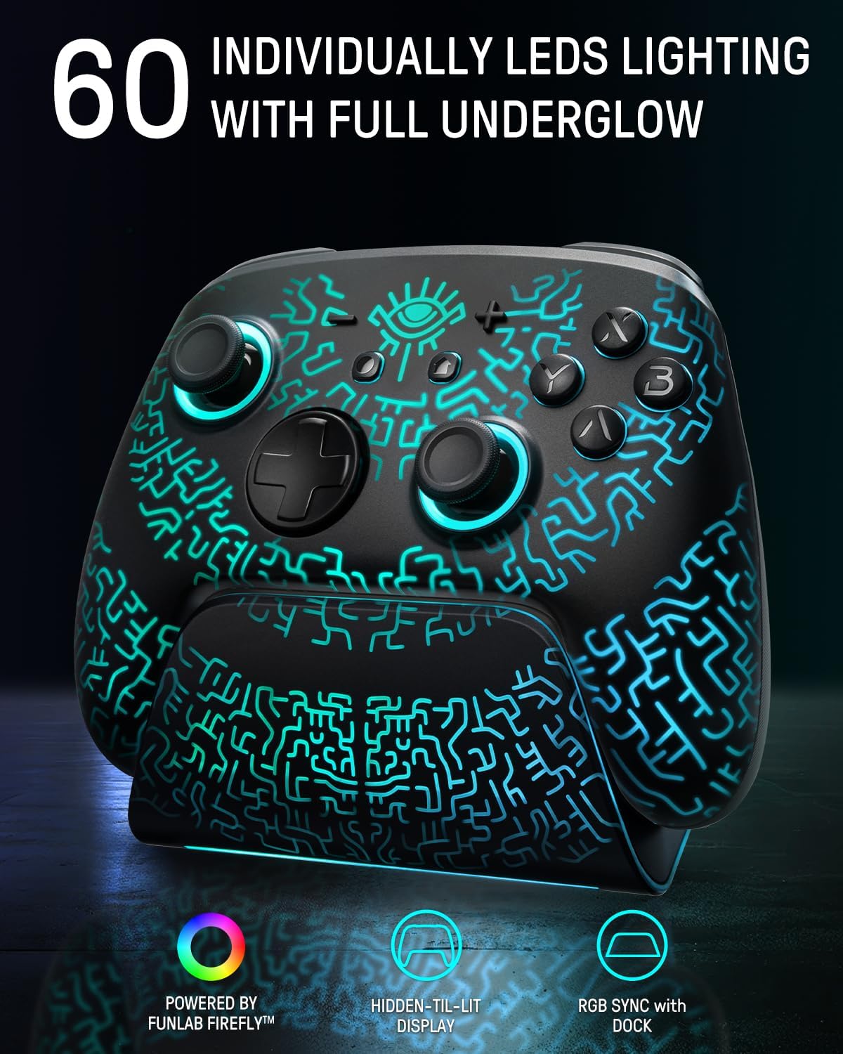 FUNLAB RGB Switch Pro Controller Wireless Compatible with Nintendo/OLED, Hall Effect Switch Controller with Charging Dock, Luminex Bluetooth Control Gamepad with 7 LED Colors/Turbo/App link