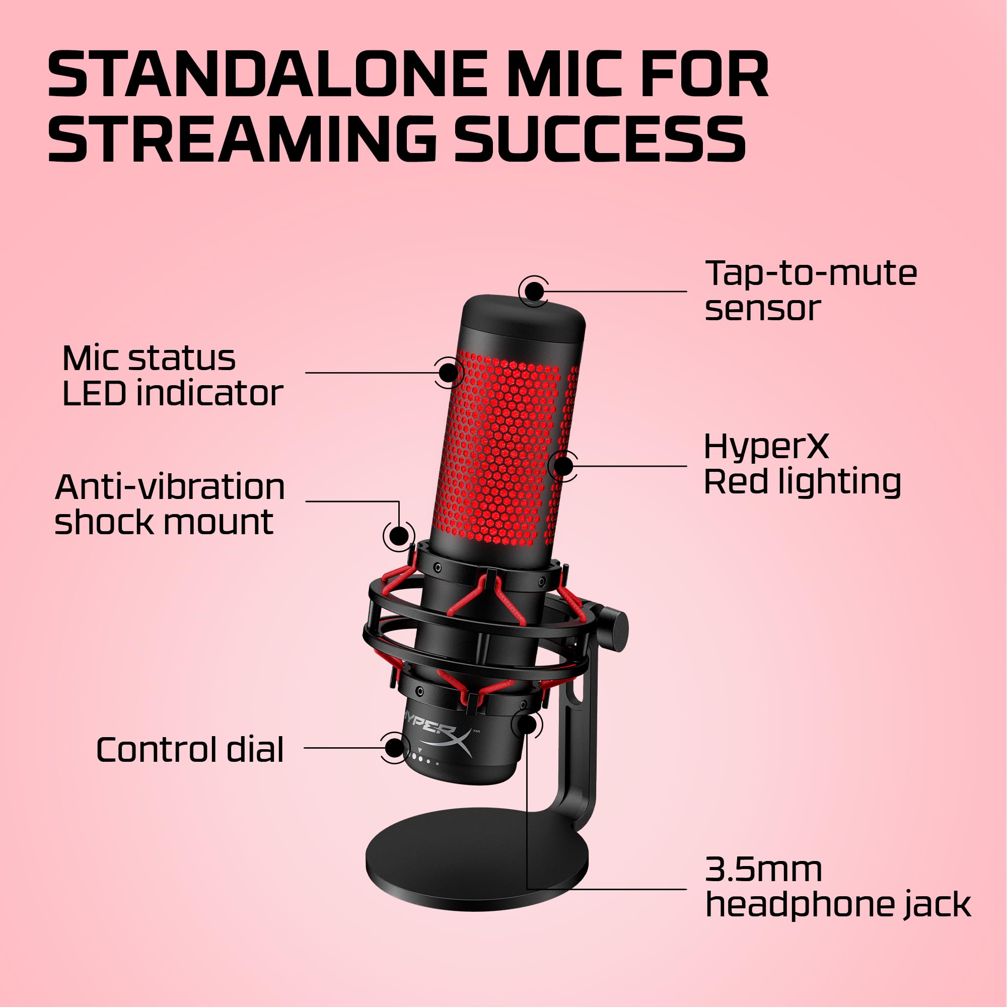HyperX QuadCast - USB Condenser Gaming Microphone, for PC, PS4, PS5 and Mac, Anti-Vibration Shock Mount, Four Polar Patterns, Pop Filter, Gain Control, Podcasts, Twitch, YouTube, Discord, Red LED: QuadCast QuadCast