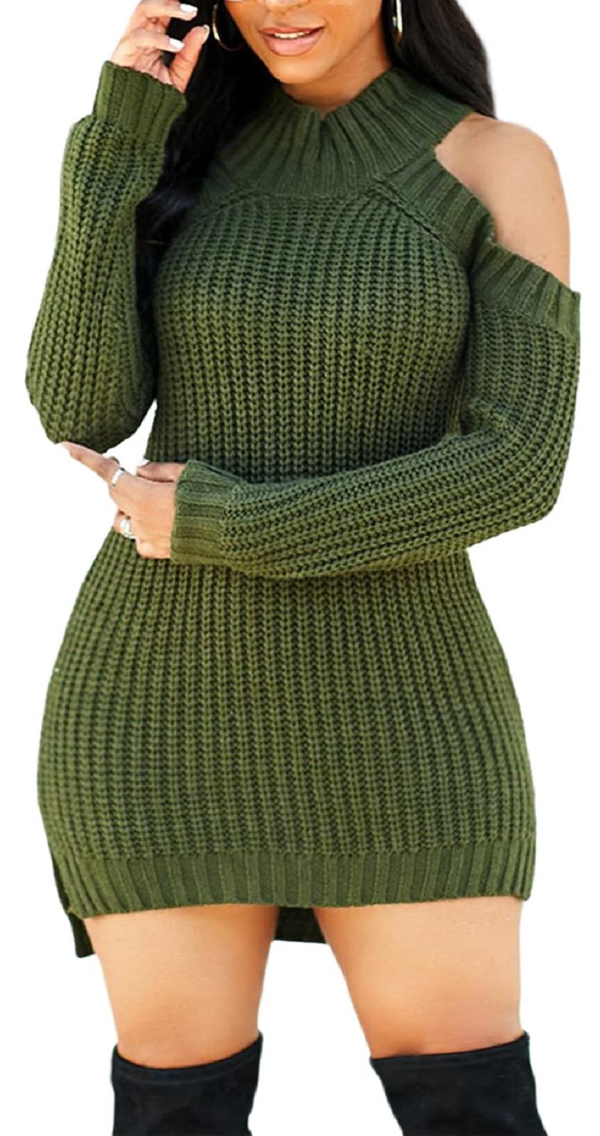Sweater Dresses for Women Casual Sexy Off Shoulder Long Sleeve Knit Pullover Winter Pullover Dress: Large Knit/Army Green