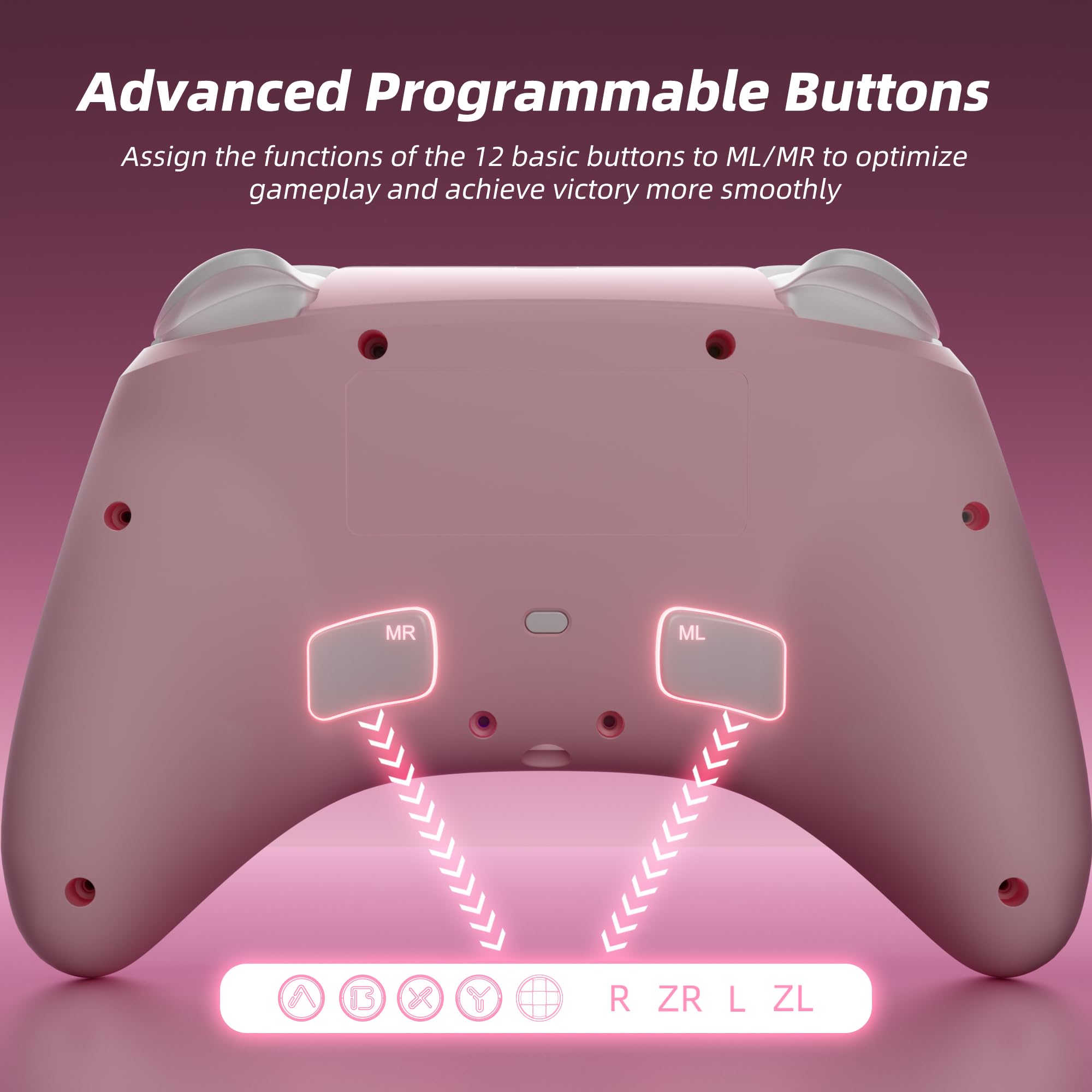 Mytrix Wireless Controllers for Switch/Switch 2, Windows PC iOS Android Steam/Steam Deck, Bluetooth Controller with Programmable, Hall Effect Joysticks, Adjustable LED Light/Turbo/Vibration: Sakura Pink