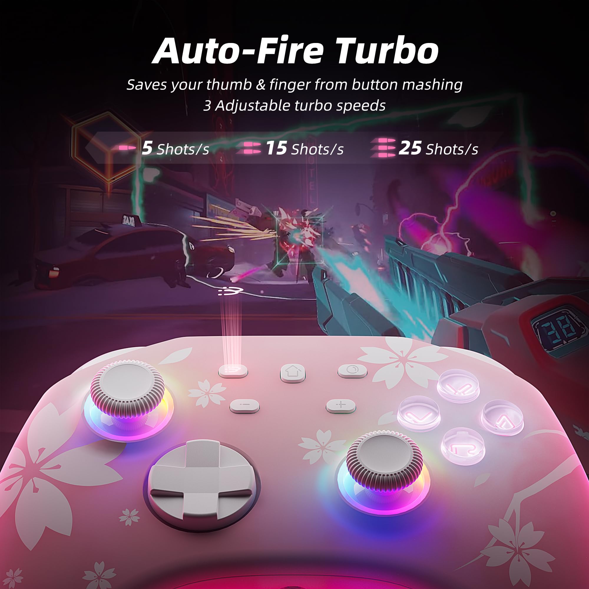 Mytrix Wireless Controllers for Switch/Switch 2, Windows PC iOS Android Steam/Steam Deck, Bluetooth Controller with Programmable, Hall Effect Joysticks, Adjustable LED Light/Turbo/Vibration: Sakura Pink