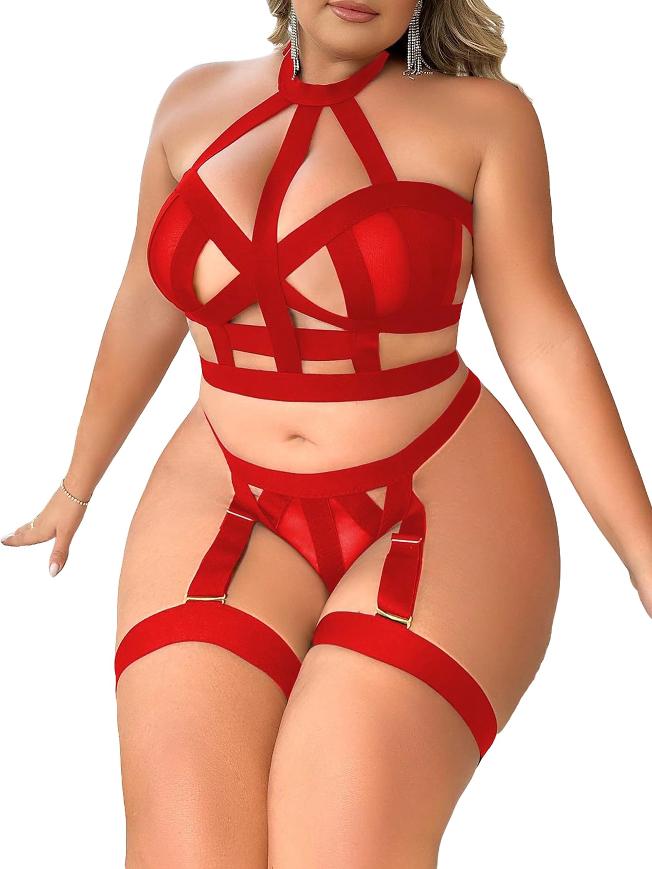 WDIRARA Women's Plus Size Strappy Harness Hollow Out 4 Piece Lingerie Set Criss Cross Bra and Thong Set with Garters: XX-Large Red