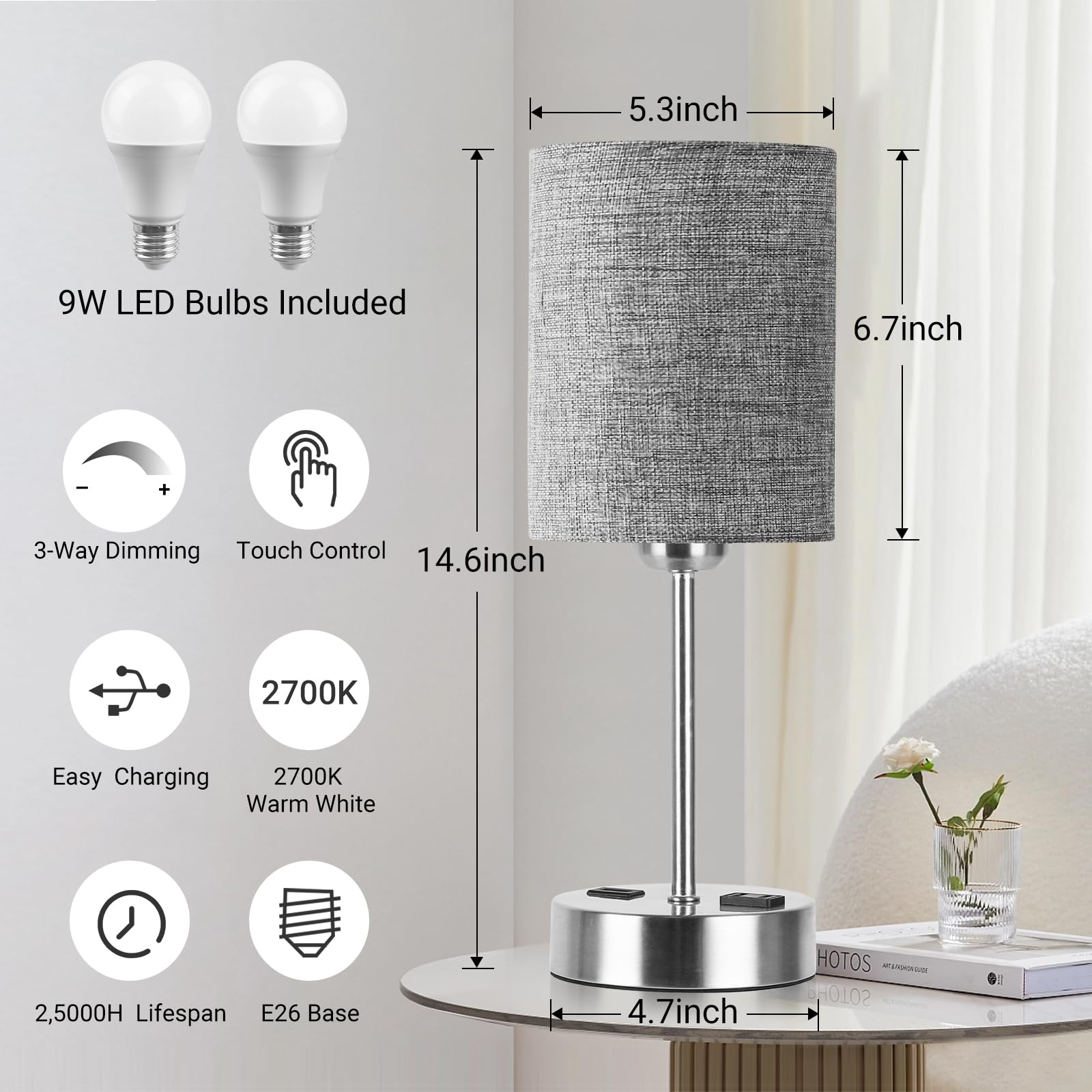 PARTPHONER Touch Table Lamps for Bedroom Set of 2, Bedside Nightstand Lamps with USB Port and Power Outlet, 3 Way Dimmable White Lamp for Living Room Nursery Room, Daylight White Bulbs Included