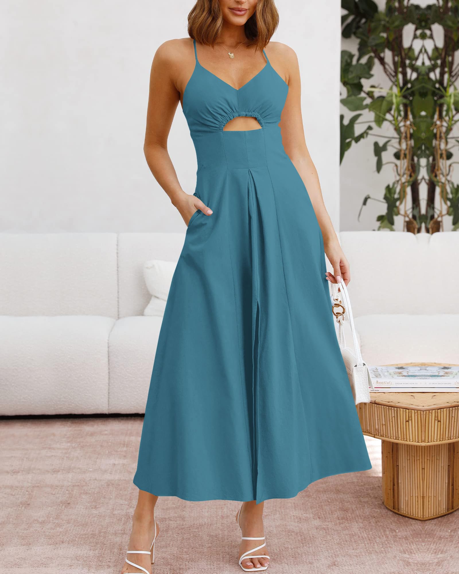 BTFBM Spaghetti Strap V Neck Midi Dress Maxi Dresses, Cutout Slit Casual