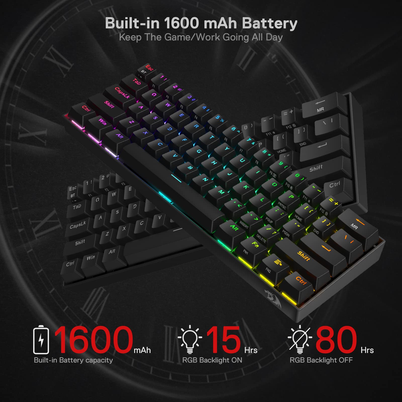 Redragon K530 Pro Draconic 60% Wireless RGB Mechanical Keyboard, BT/2.4Ghz/Wired 3-Mode 61 Keys Compact Gaming Keyboard w/Hot-Swap Socket, Free-Mod Plate Mounted PCB & Clicky Blue Switch