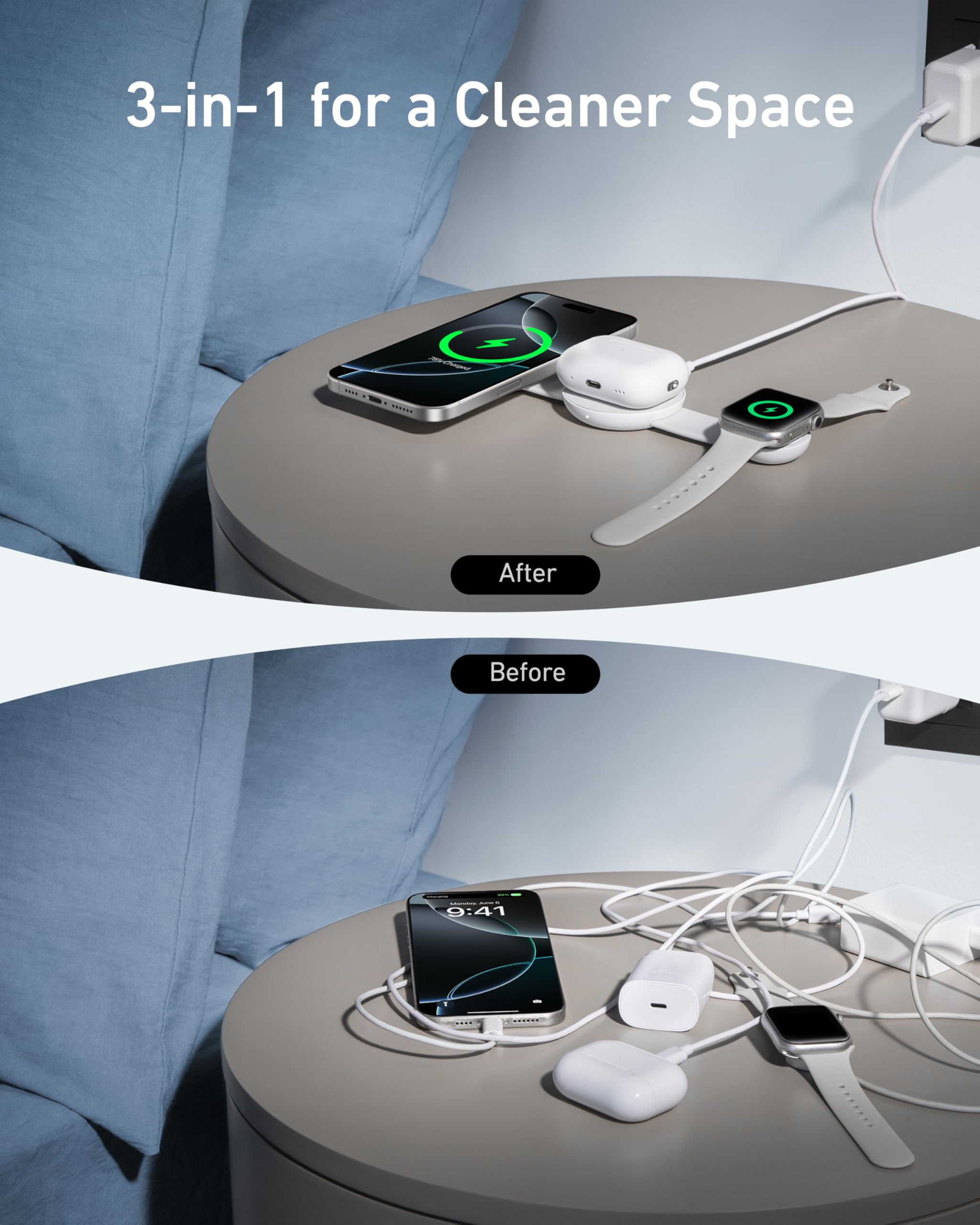 Anker MagSafe Compatible MagGo UFO 3-in-1 Charger, iPhone 17 Wireless Charging Station, 15W Qi2 Certified, Foldable Travel Charging Pad, for iPhone 17/16/15/14, AirPods, Apple Watch (Not a Power Bank)