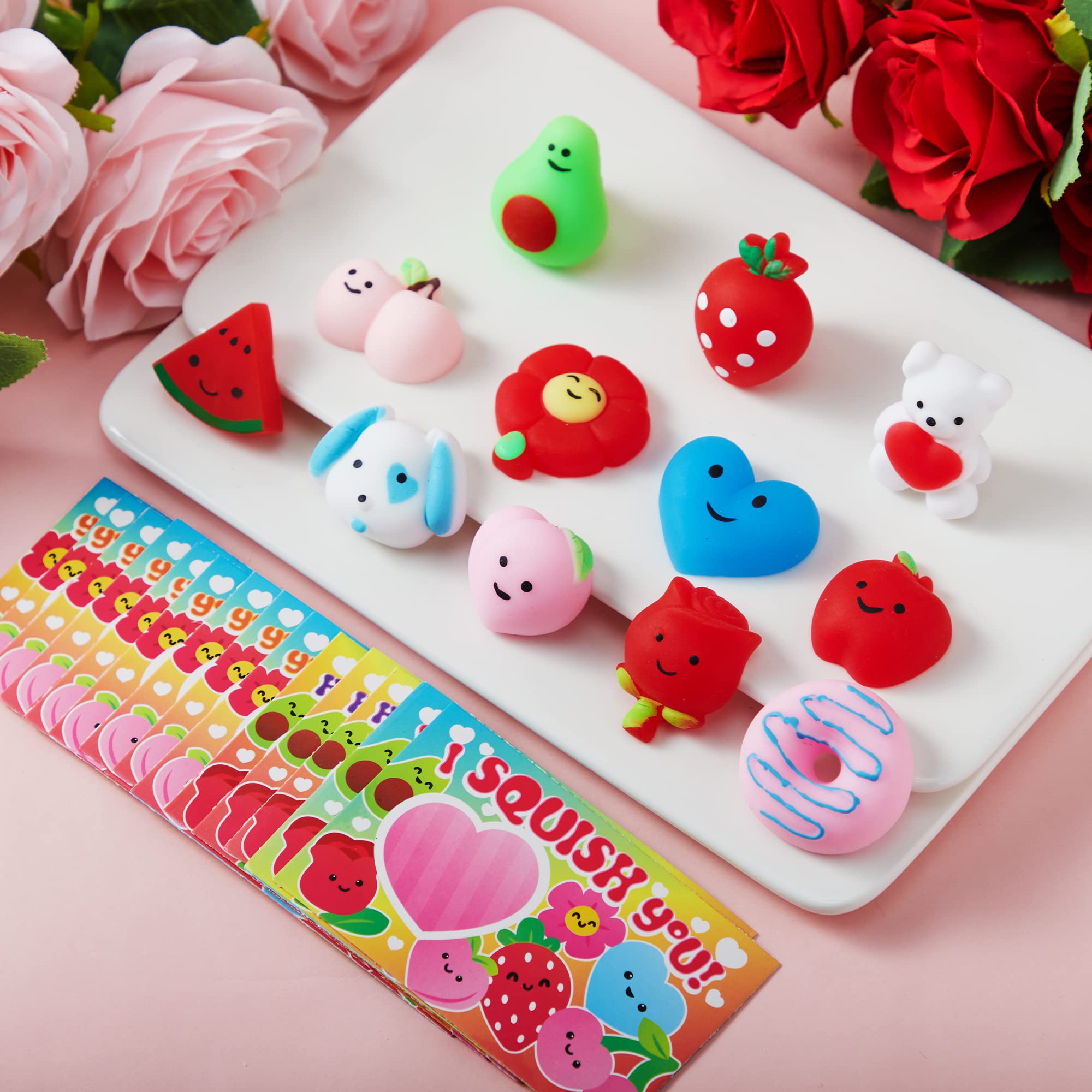 JOYIN 28 Packs Gift Cards with Mochi Squishy Toys, Kawaii Squeeze Stress Relief Fidget Toy for Kids Party Favor Classroom Exchange Prizes