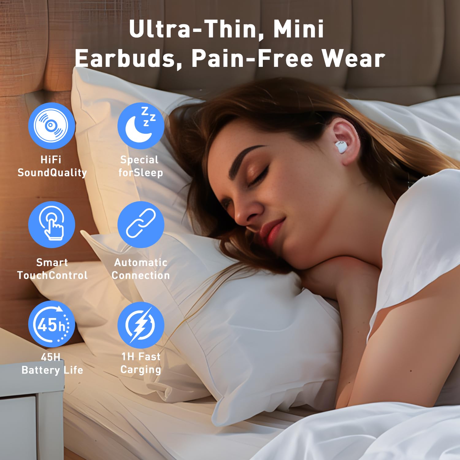 Sleep Headphones, Wireless Sleep Earbuds for Side Sleepers, Mini Earbuds for Sleeping, Ultra-Thin Bluetooth 5.4 Headphones, Comfortable Invisible – White