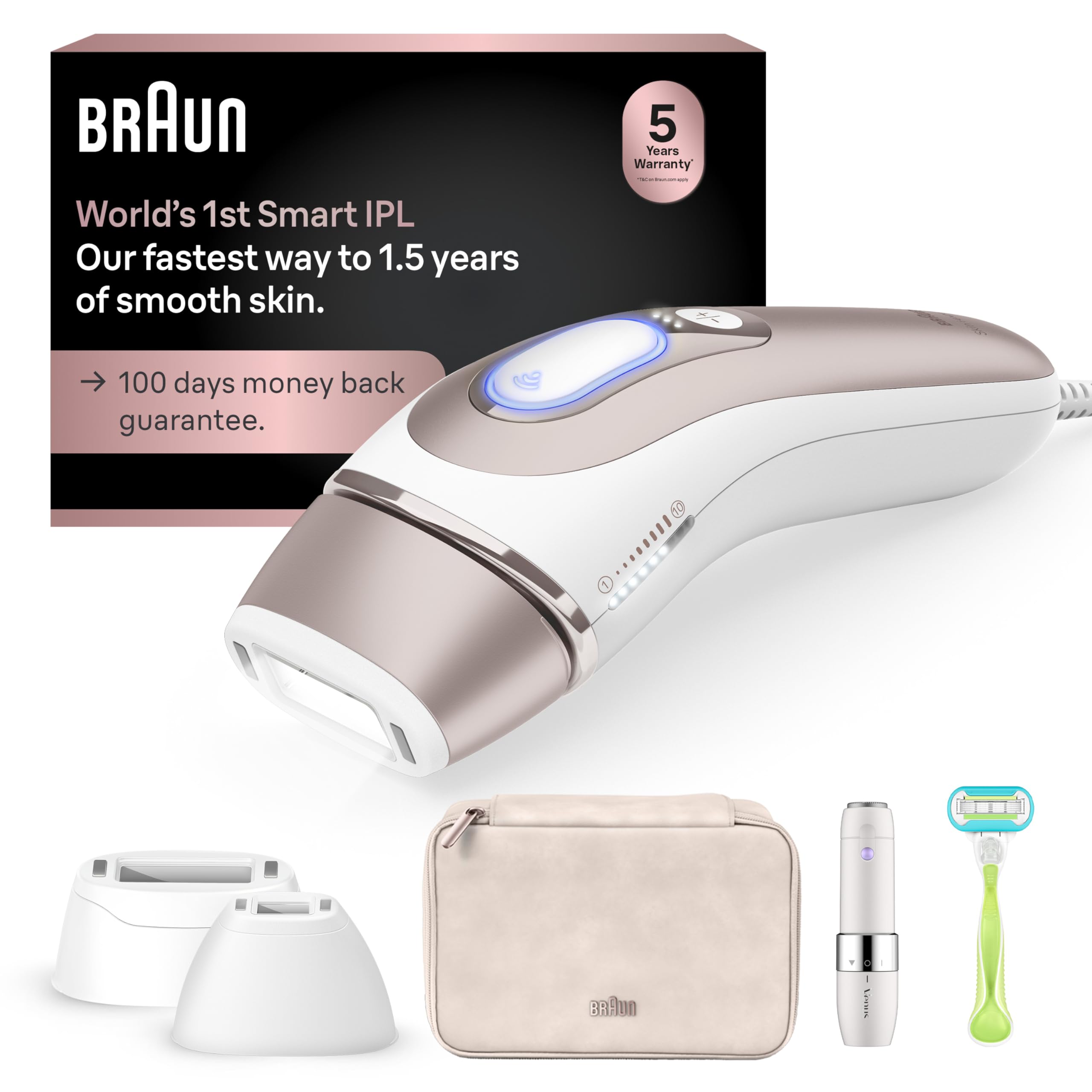 Braun Smart IPL, Skin i·Expert Pro 7: at Home Laser Hair Removal, Permanent Visible Hair Reduction, Holiday Gifts for Women and Men with Free App, Vanity Case, Venus Razor, 4 Smart Heads, IPL7387