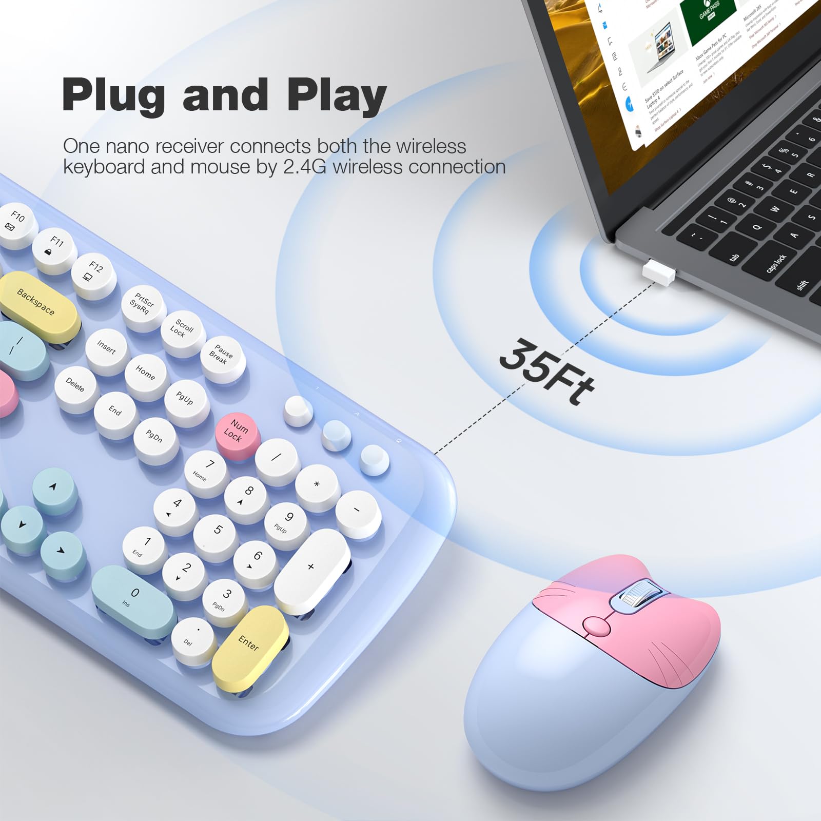 MOFII Wireless Keyboard and Mouse Combo,2.4GHz Retro Full-Size Keyboard with Number Pad and Cute Wireless Mouse for Computer PC Desktops Laptop WindowsxP/7/8/10()
