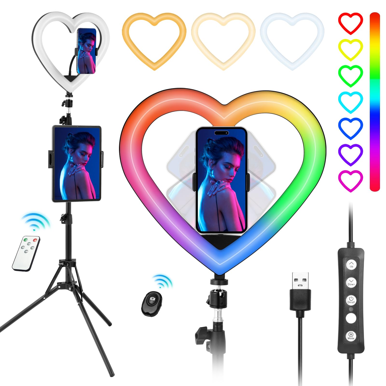 NANBEITONG 13'' Selfie Ring Light with 73'' Tripod Stand and Phone Holder,ipad Selfie Light, RGB Heart LED Lights with 47 Color Modes, Stepless Dimmable Speed Heart,RingLight for Phone,YouTube,Makeup