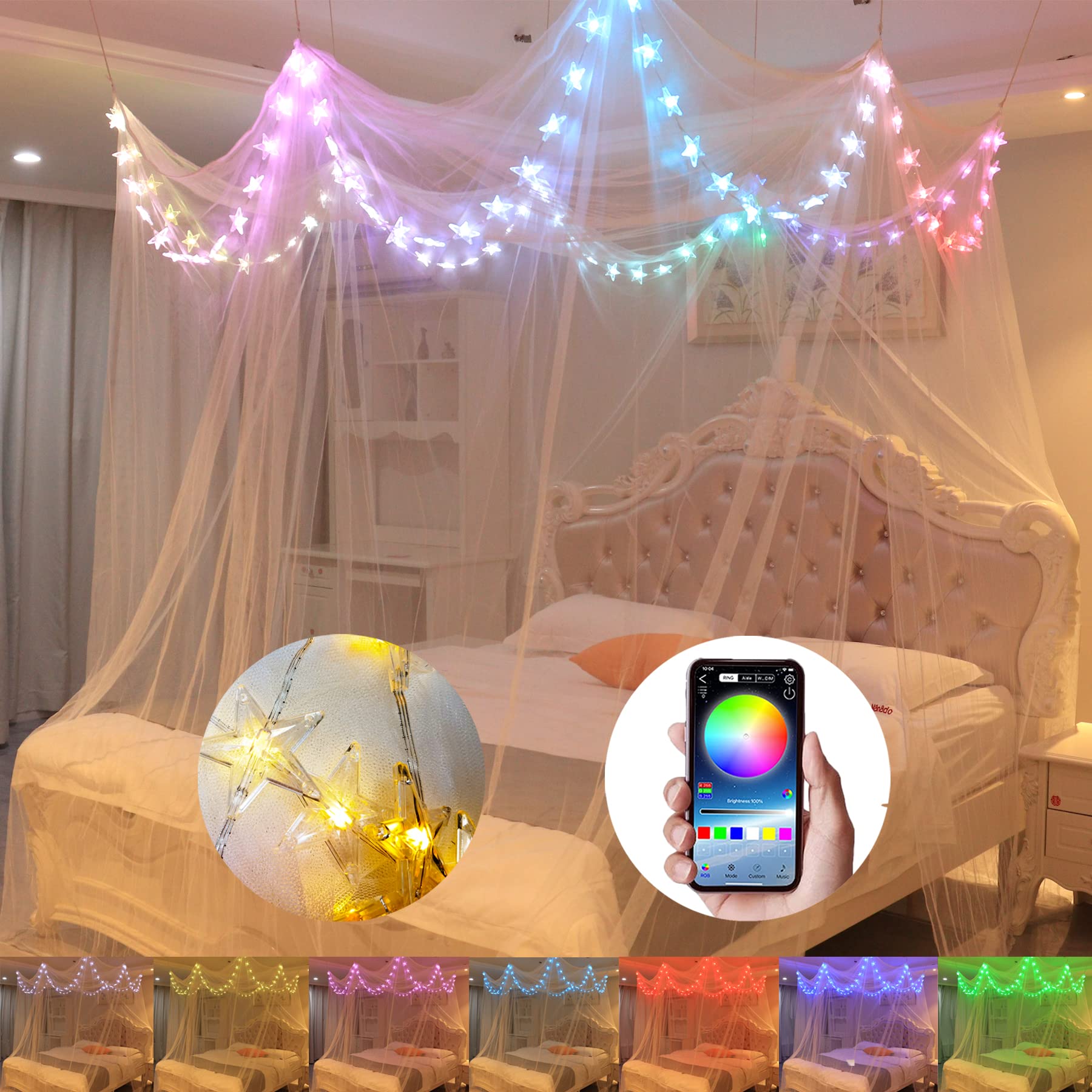 Bed Canopy with LED Star Lights, Canopy Bed Curtain with RGB Color Changing String Lights with Smart App Control Remote for Princess Girls Bedroom, Suggested for Twin Full Queen King Bed: Rgb White