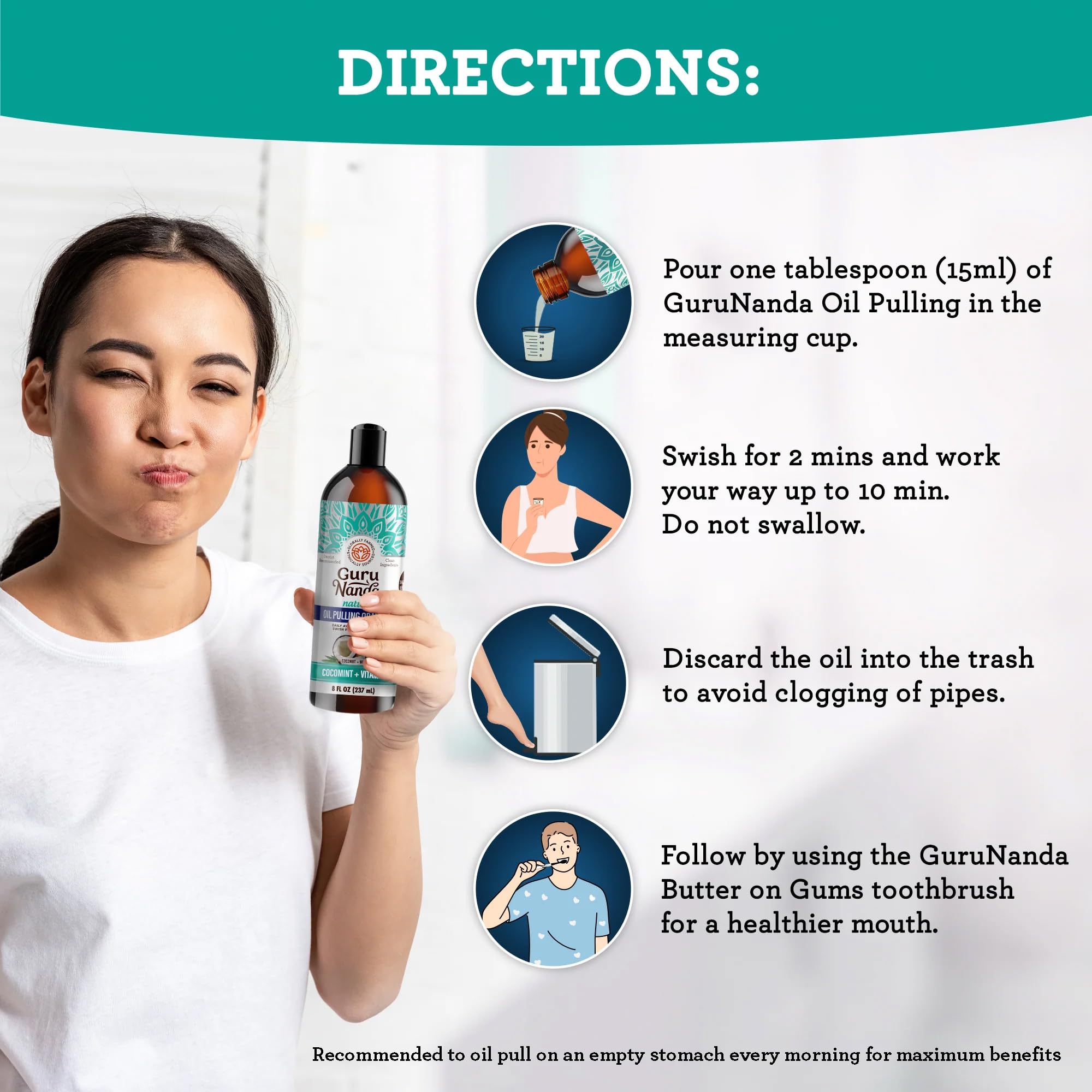 GuruNanda CocoMint Oil Pulling Mouthwash for Complete Oral Hygiene, 7 Essential Oils & Vitamins for Happy Teeth & Gums & Fresh Breath , Alcohol-Free, 8 oz