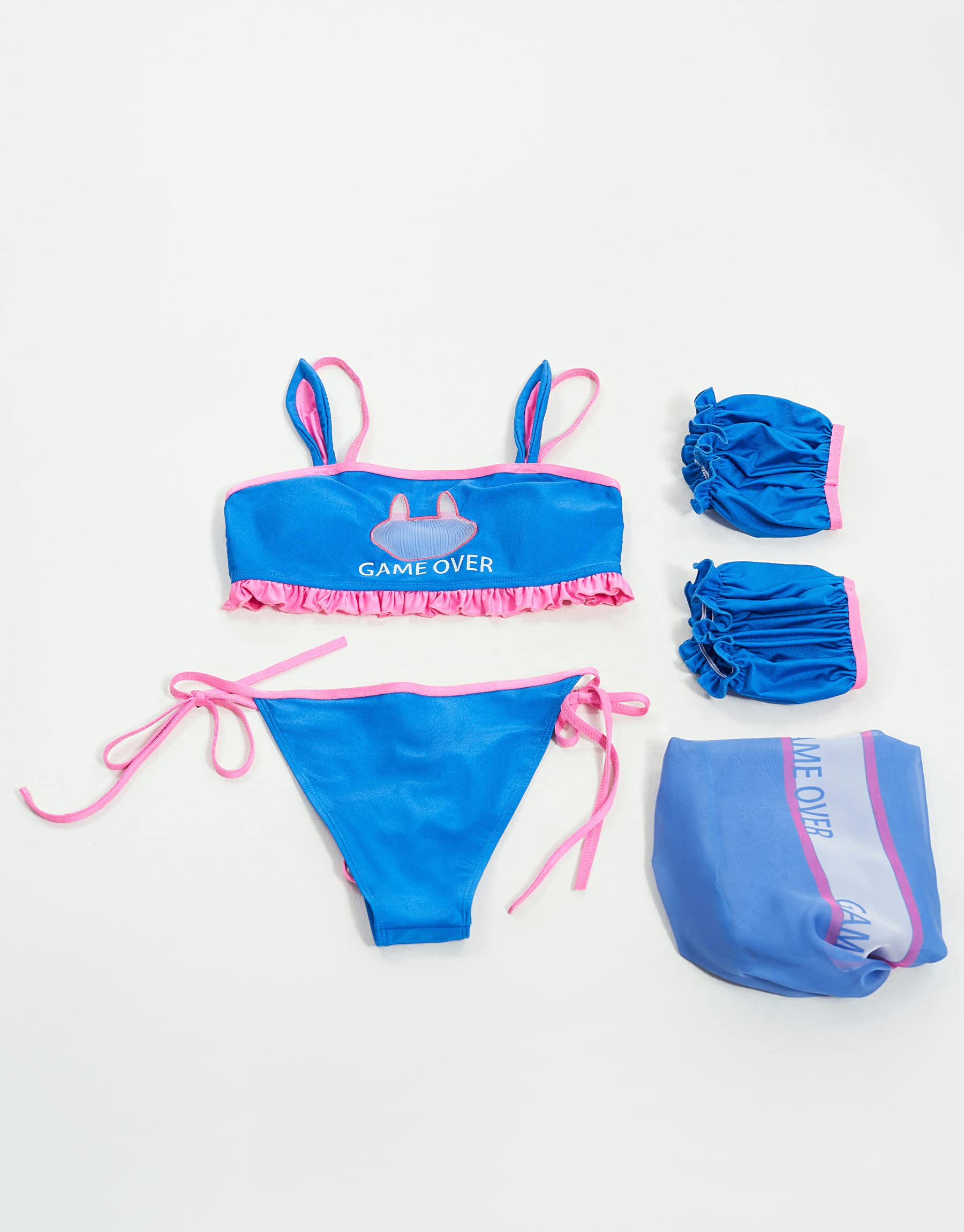 haikyuu Women Anime Derivative Bikini Set with Cover Up Jacket Halter Mesh Top and Shorts Two Piece Bathing Suit: X-Large Blue