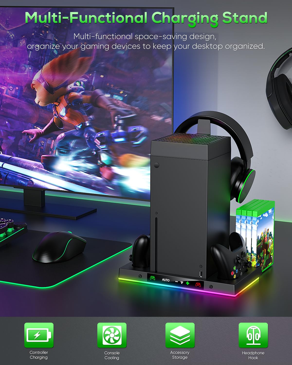 Auto Cooling Fan and Charge Stand Accessories for Xbox Series X Console with 15 Light Modes, Wireless Dual Charger Dock for XSX Controller, 2* Rechargeable Batteries, Headset Stand & Game Disc Storage (Black)