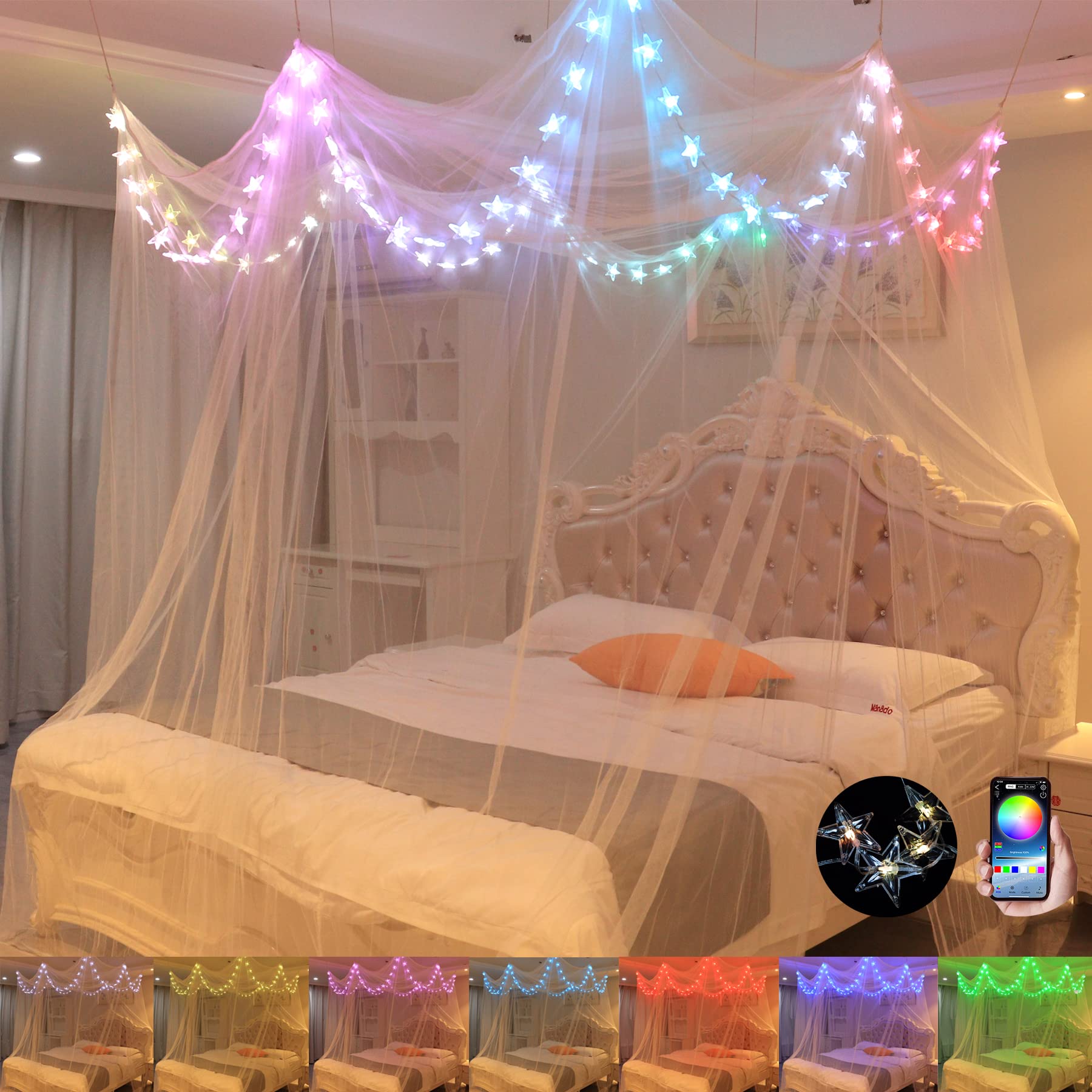 Bed Canopy with LED Star Lights, Canopy Bed Curtain with RGB Color Changing String Lights with Smart App Control Remote for Princess Girls Bedroom, Suggested for Twin Full Queen King Bed: Rgb White